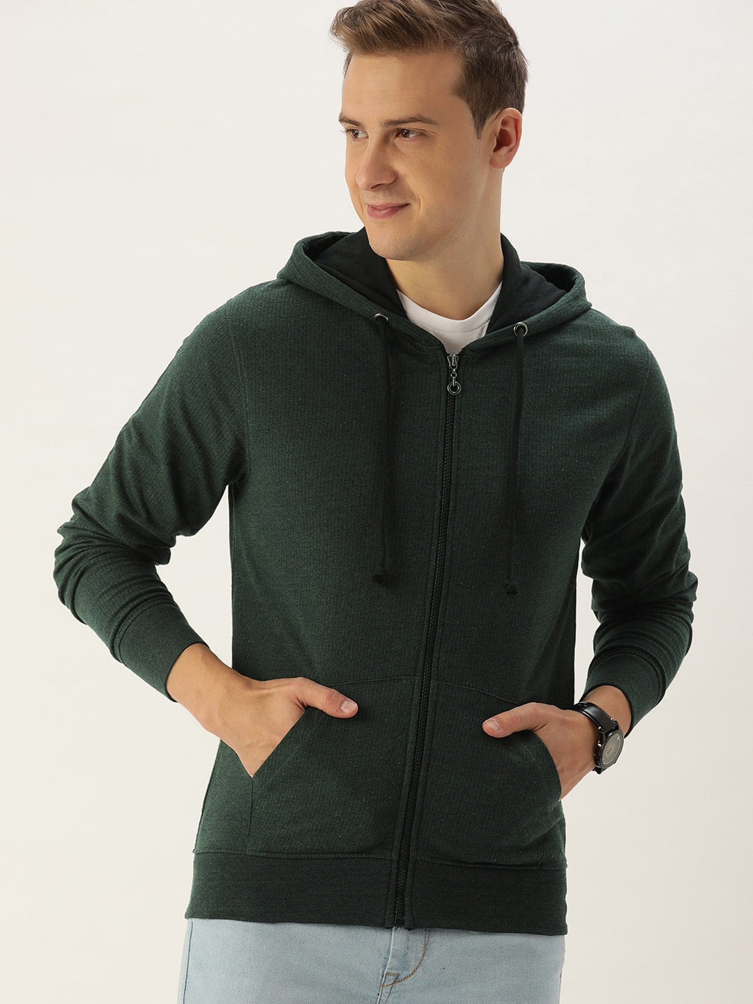 Men Oliveblack Solid Hooded Sweatshirt