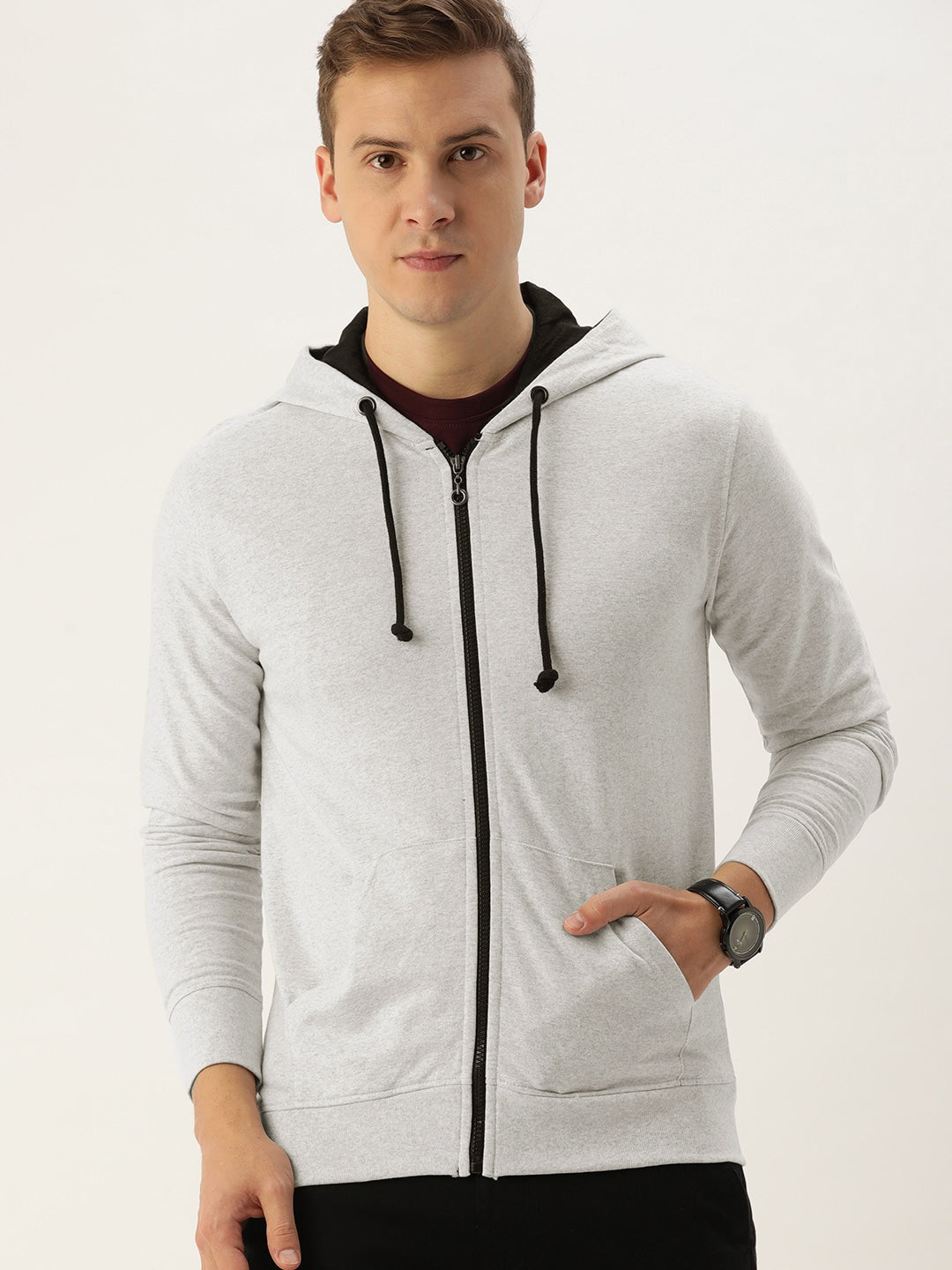 Men White Solid Hooded Sweatshirt