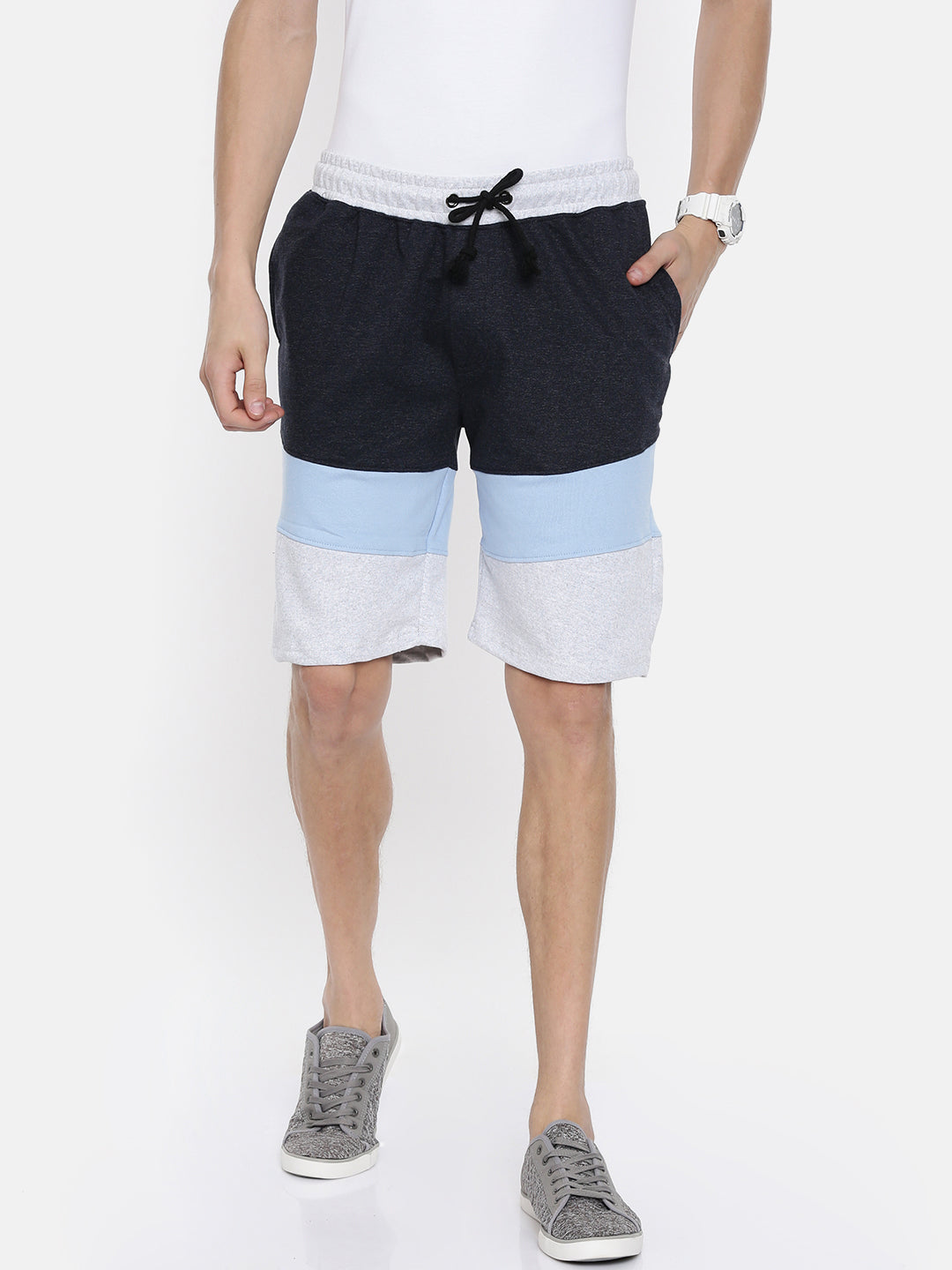 Men Blacknavy Casual Terry Cut & Sew Shorts