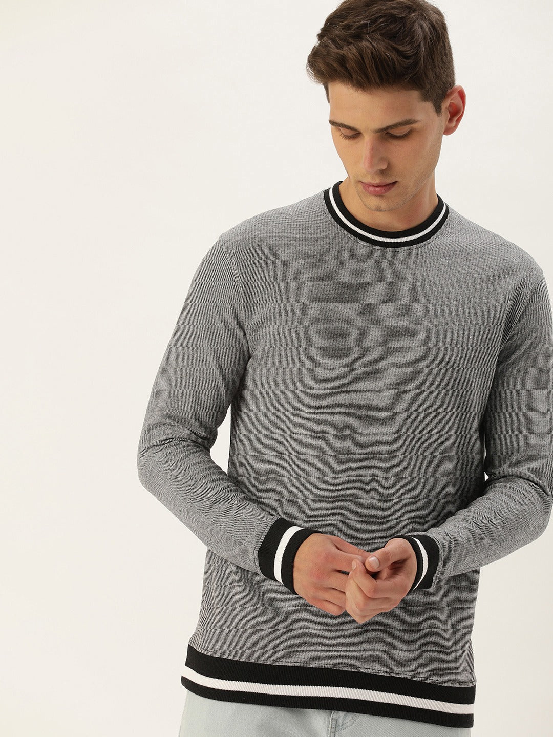 Men Whiteblack Solid Tipping Rib Sweatshirt