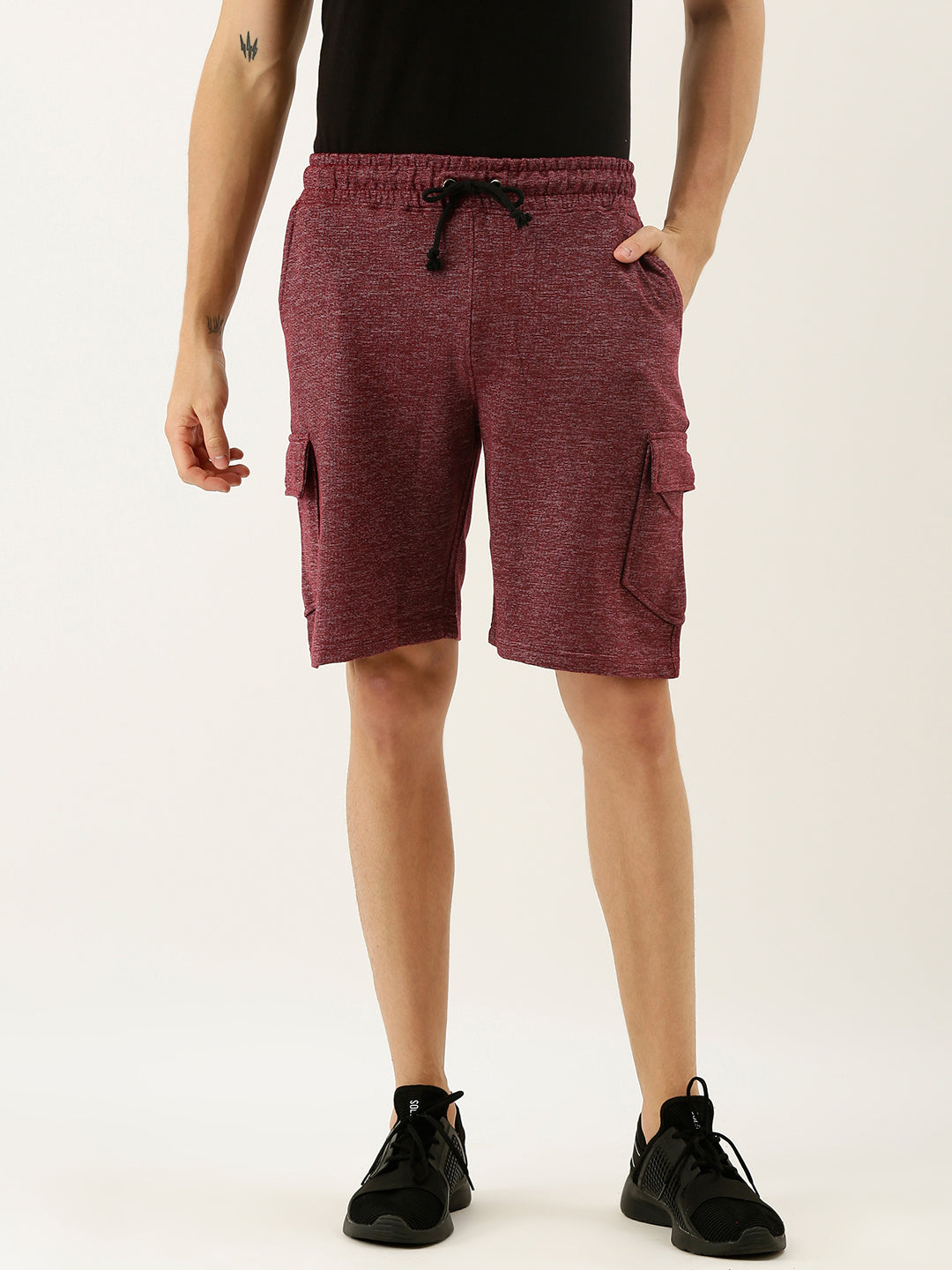 Men Wine Casual Terry Cargo Shorts