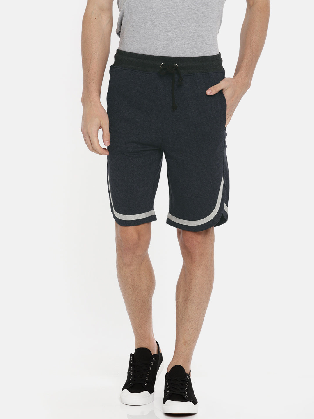 Men BlackNavy Casual Terry Curved Hem Shorts