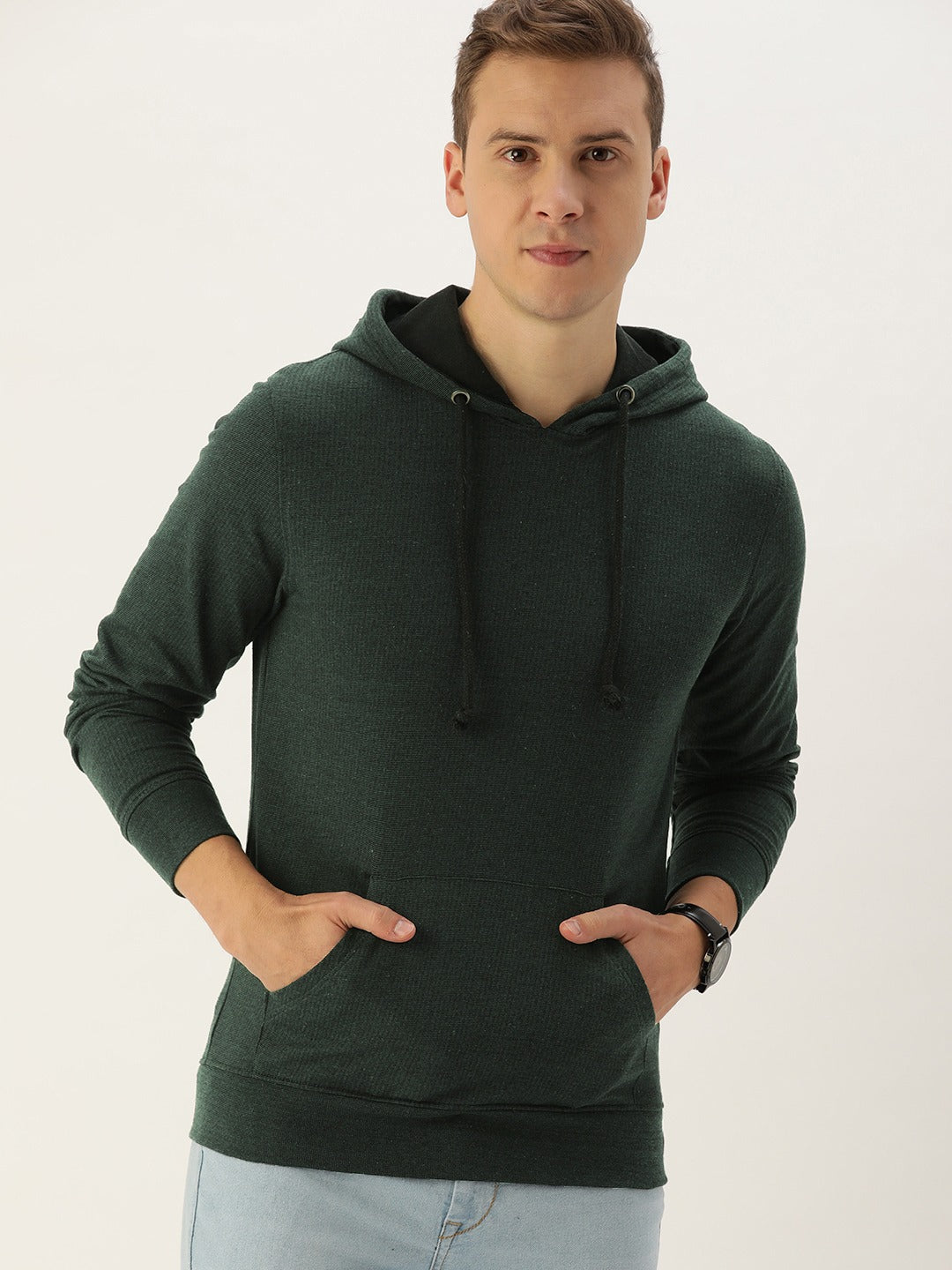 Men Oliveblack Solid Hooded Kangaroo Pocket Sweatshirt