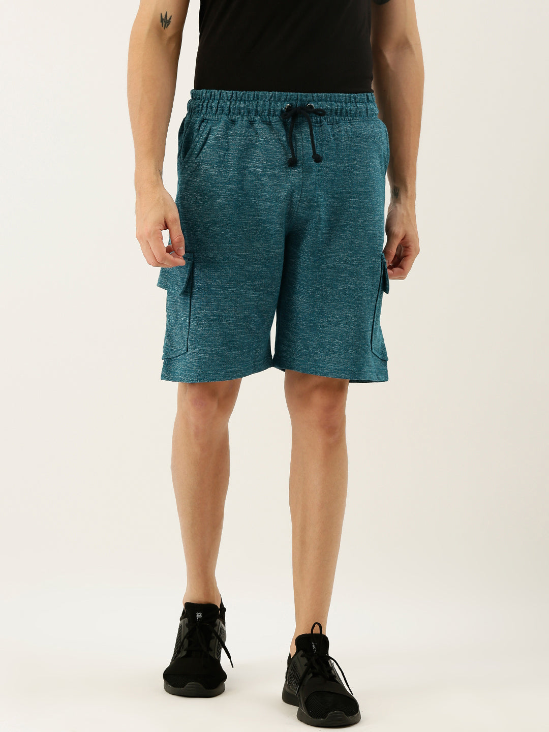 Men Teal Casual Terry Cargo Shorts