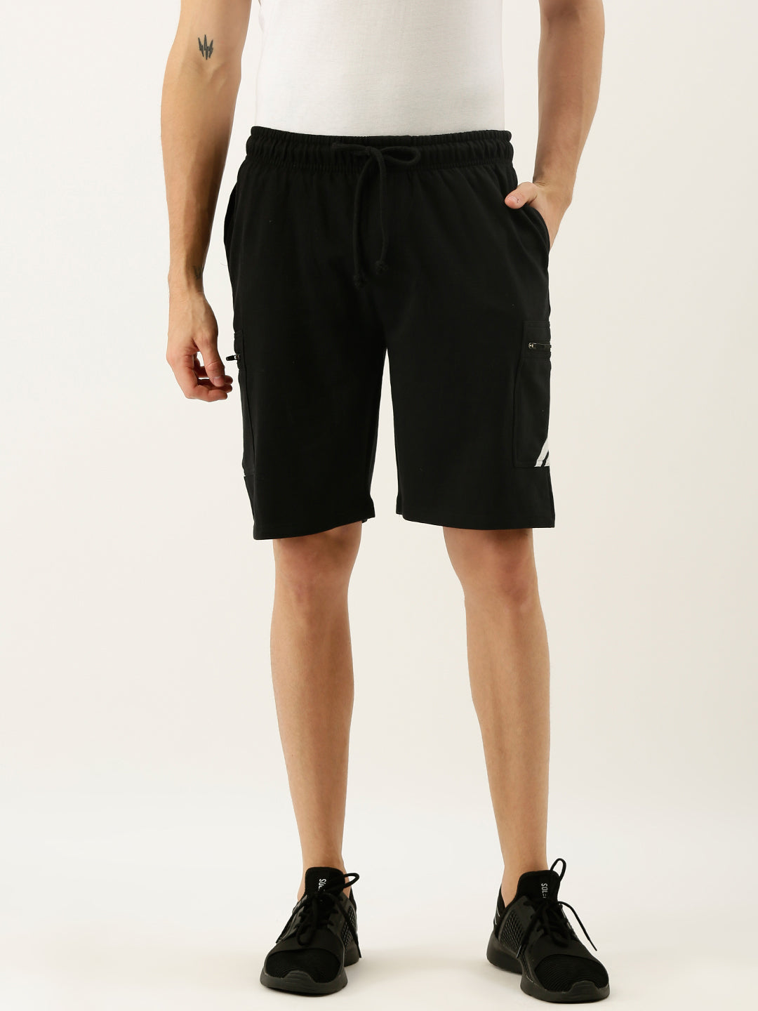 Men Black Casual Terry Cargo Shorts