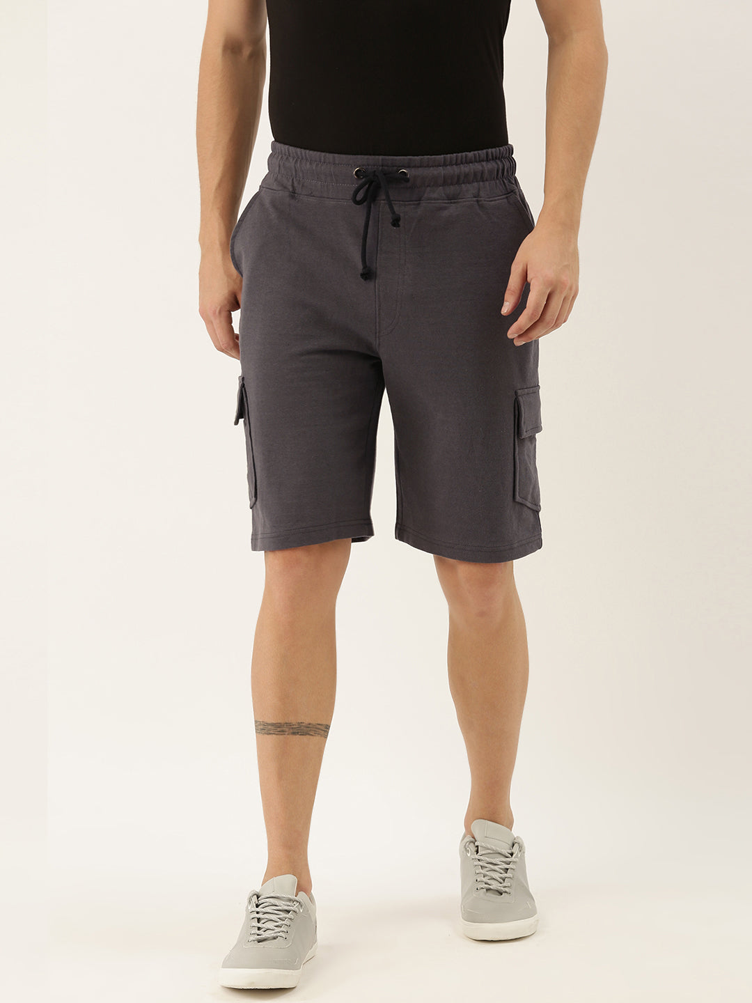 Men Grey Casual Terry Cargo Shorts