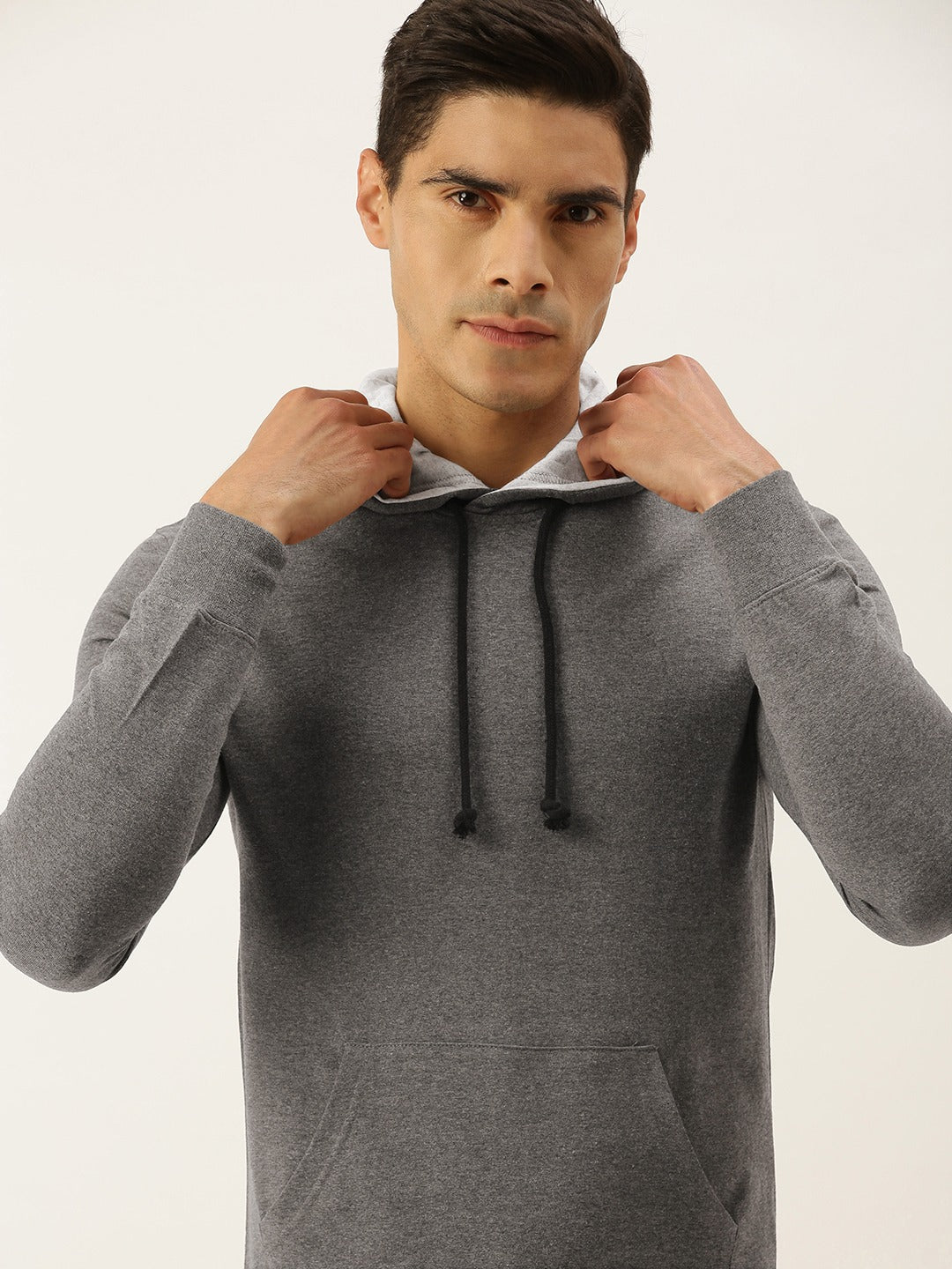 Men Melange Solid Hooded Kangaroo Pocket Sweatshirt