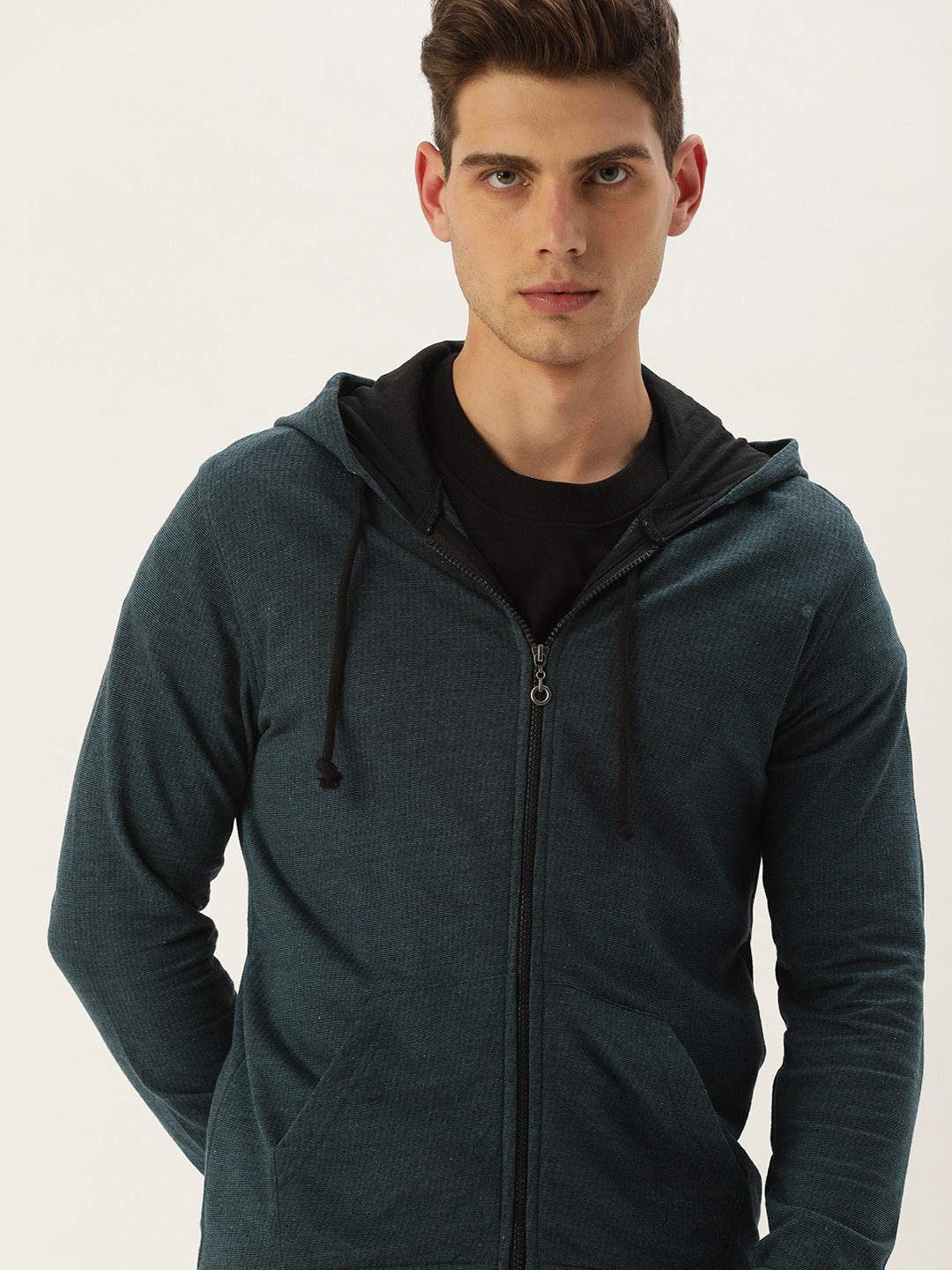 Men Blackteal Solid Hooded Sweatshirt