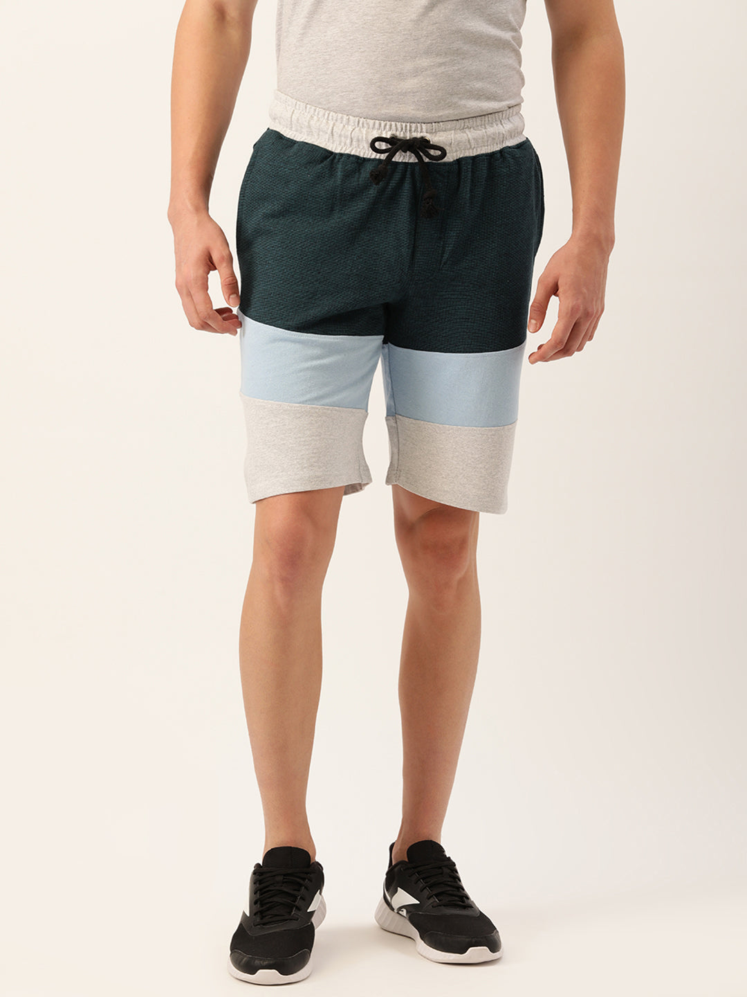 Men Blackteal Casual Terry Cut & Sew Shorts