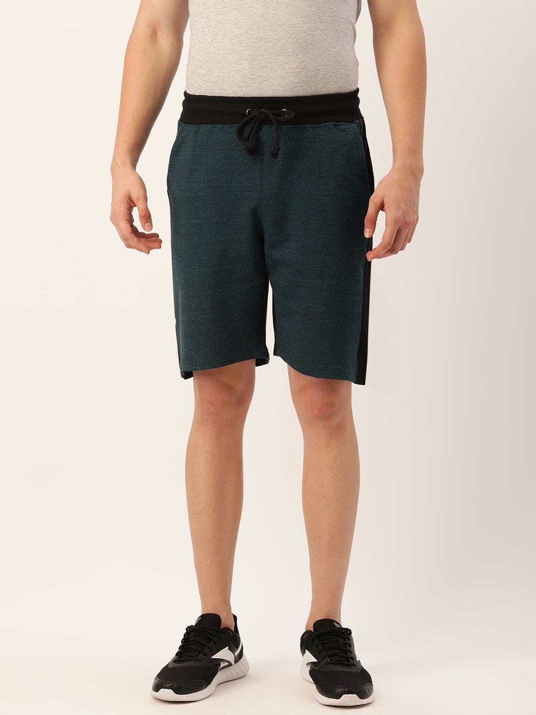 Men Balckteal Casual Terry Side Panel Shorts