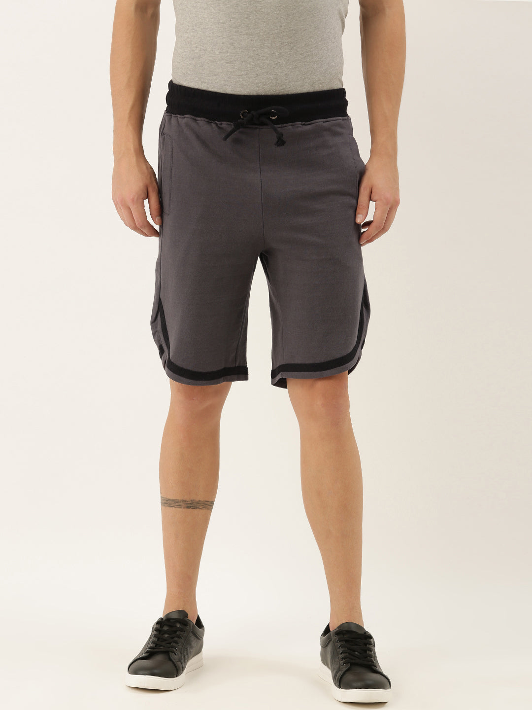 Men Grey Casual Terry Curved Hem Shorts