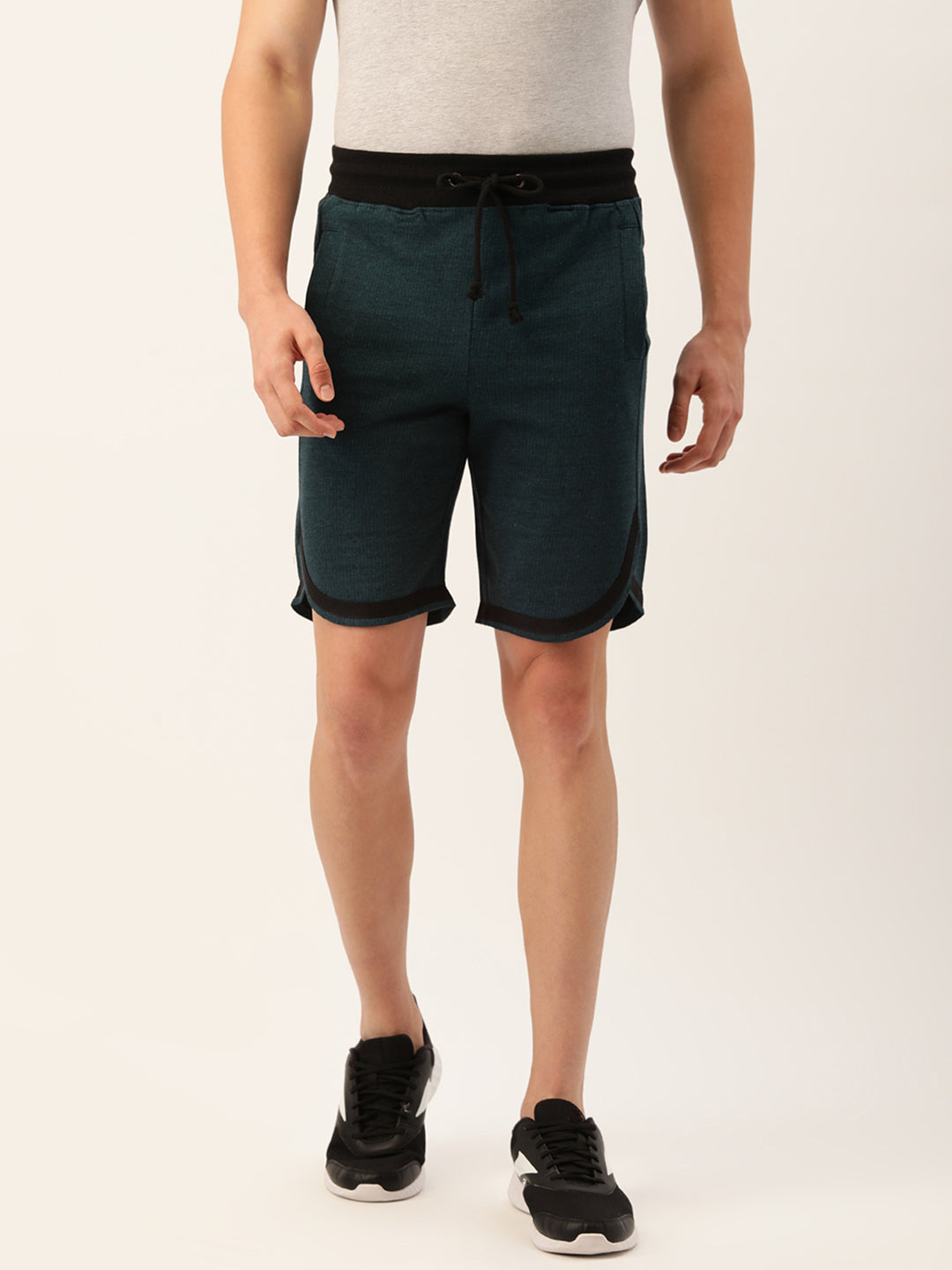 Men BlackTeal Casual Terry Curved Hem Shorts