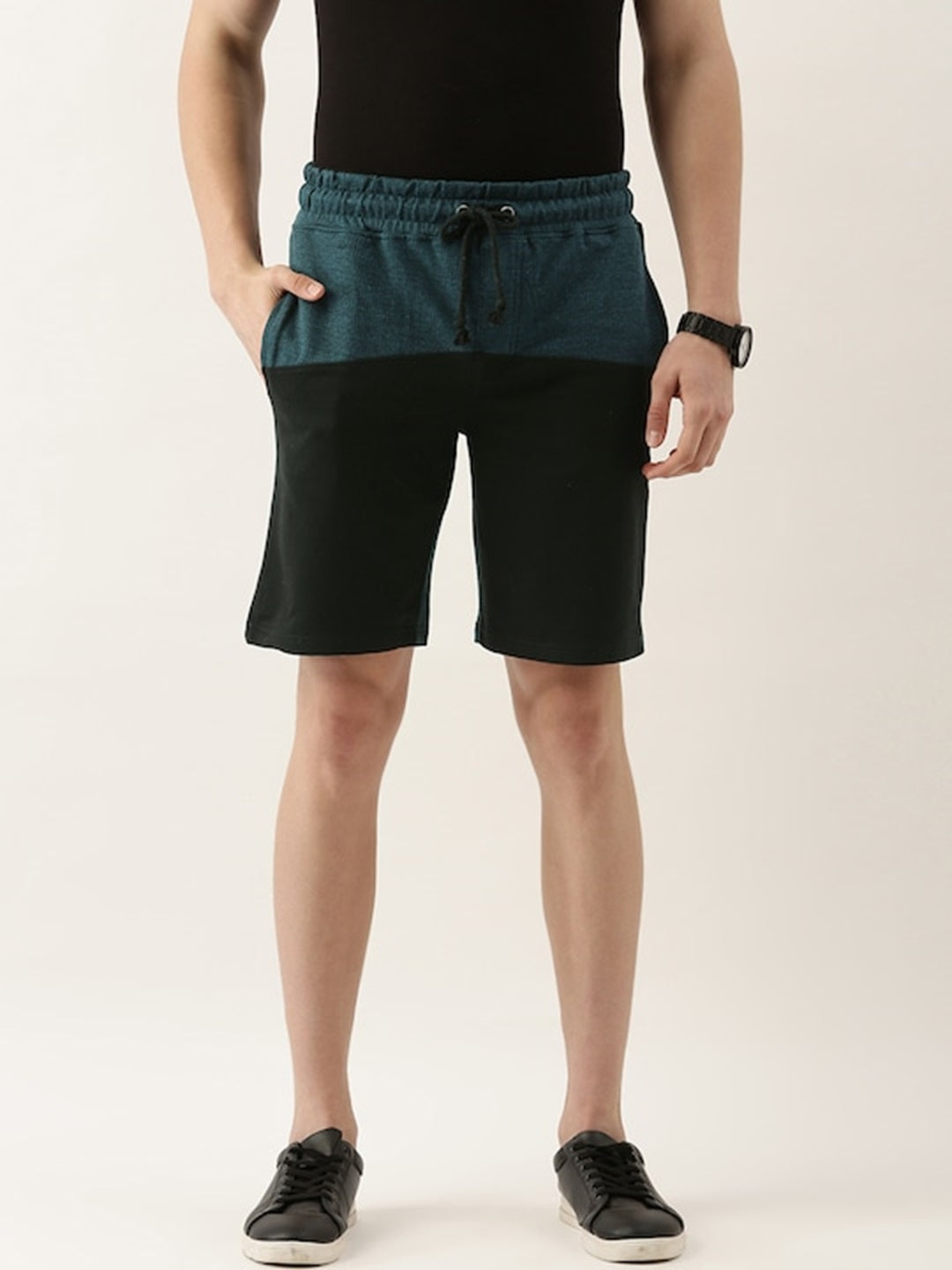 Men Blackteal Casual Terry Colourblocked Shorts