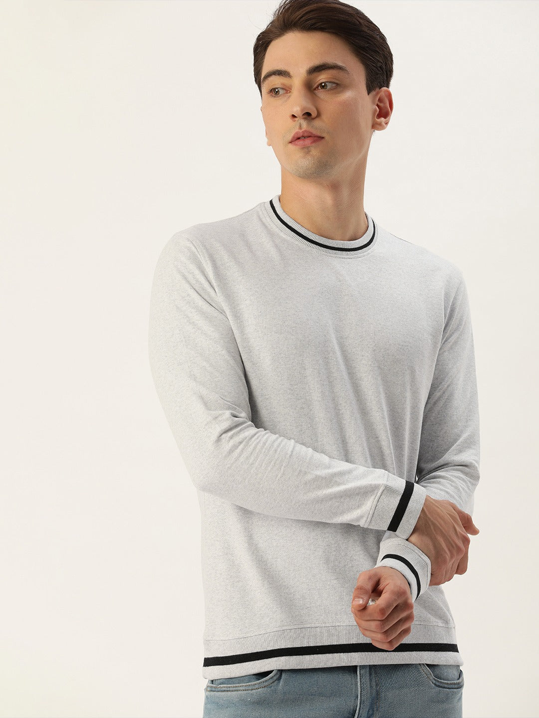 Men White Solid Tipping Rib Sweatshirt