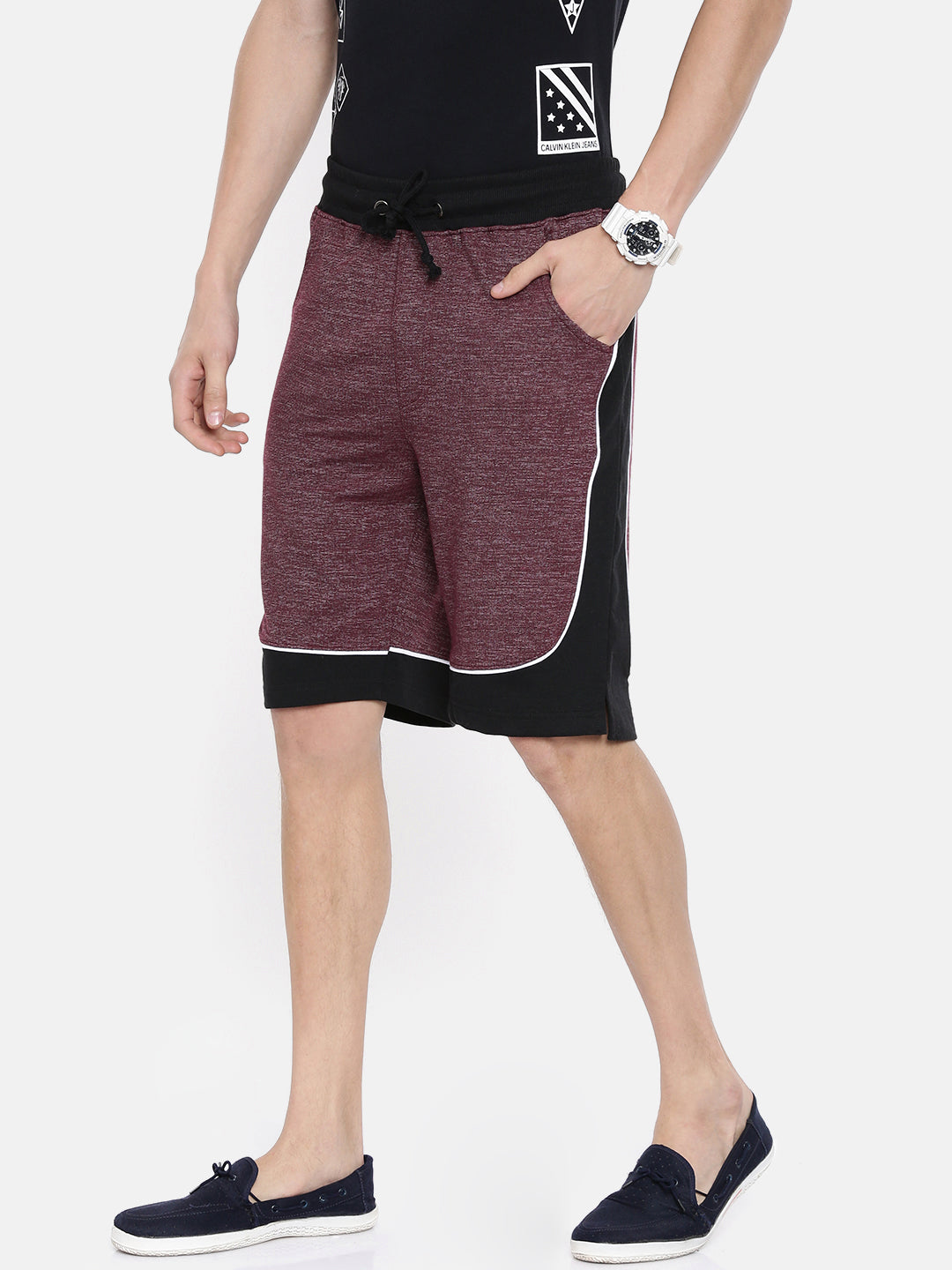 Men Wine Casual Terry Curved Side Shorts