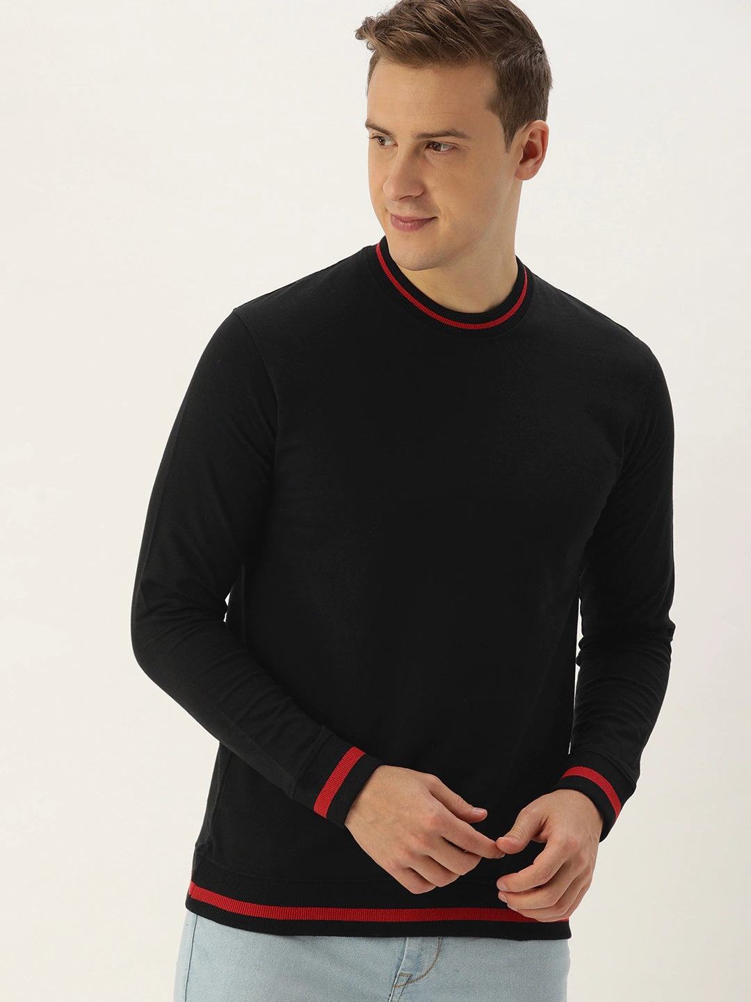 Men Black Solid Tipping Rib Sweatshirt