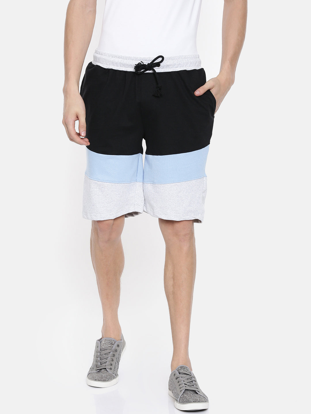 Men Black Casual Terry Cut & Sew Shorts