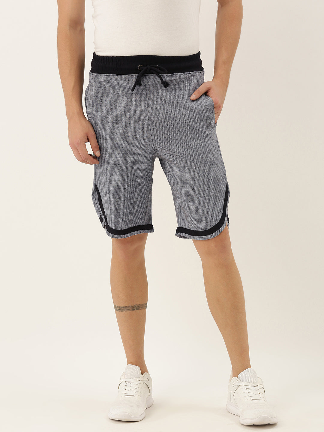 Men WhiteBlack Casual Terry Curved Hem Shorts