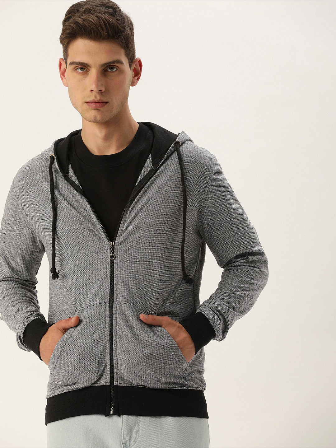 Men Whiteblack Solid Hooded Sweatshirt