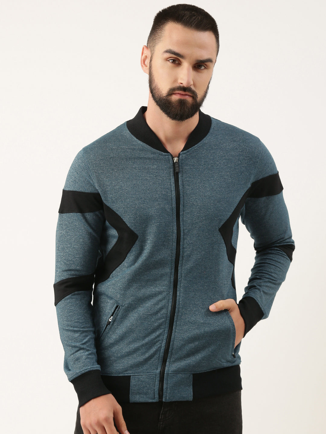 Men Teal Cut & Sew Zipper Sweatshirt