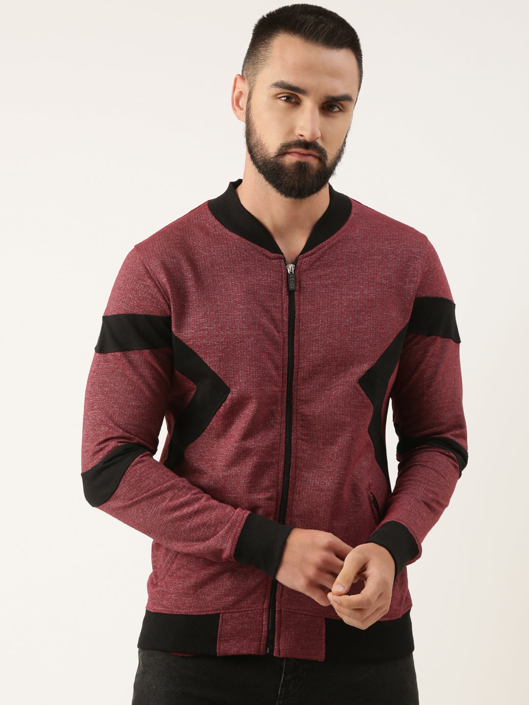 Men Wine Cut & Sew Zipper Sweatshirt