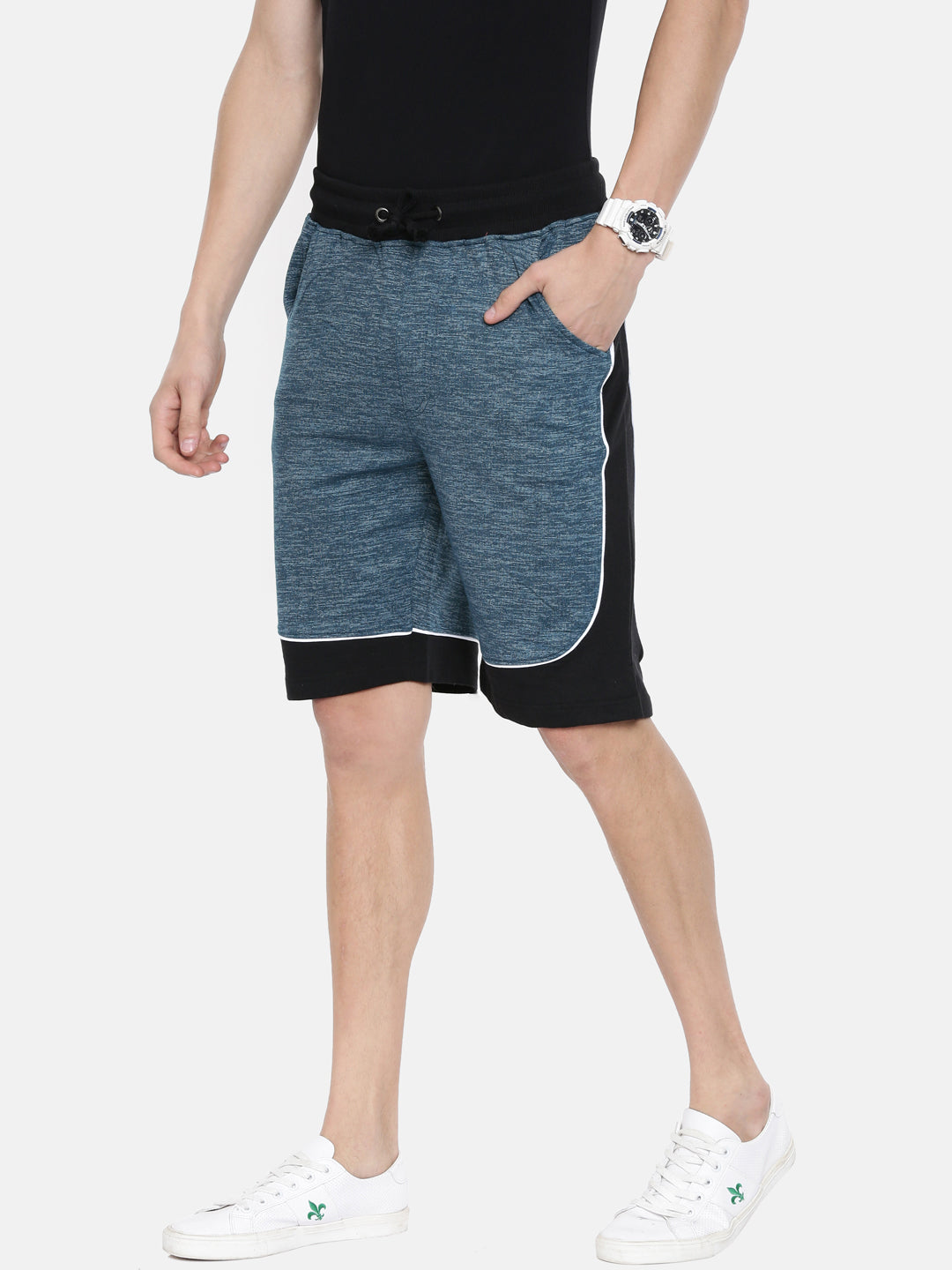 Men Teal Casual Terry Curved Side Shorts