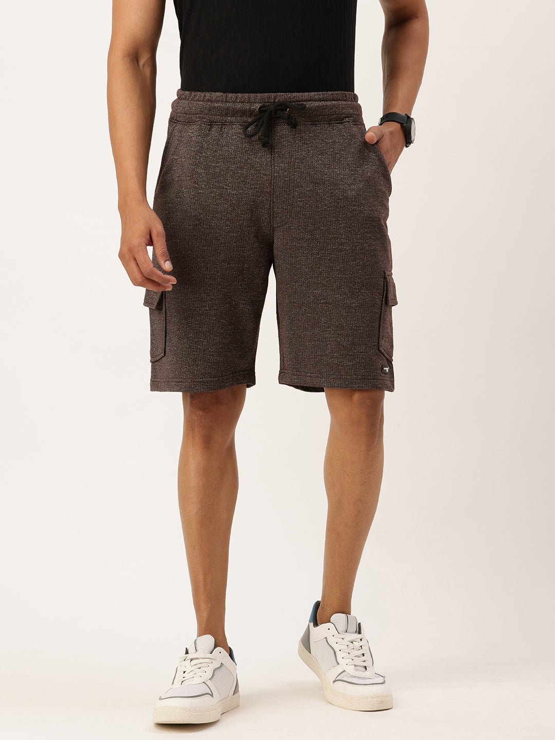 Men Brown Casual Terry Cargo Shorts