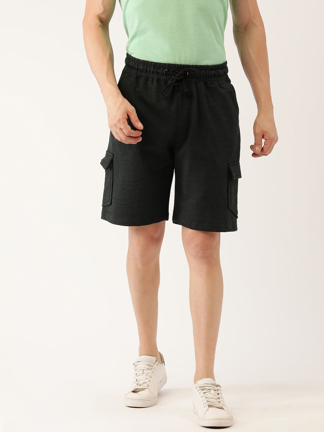 Men Oliveblack Casual Terry Cargo Shorts