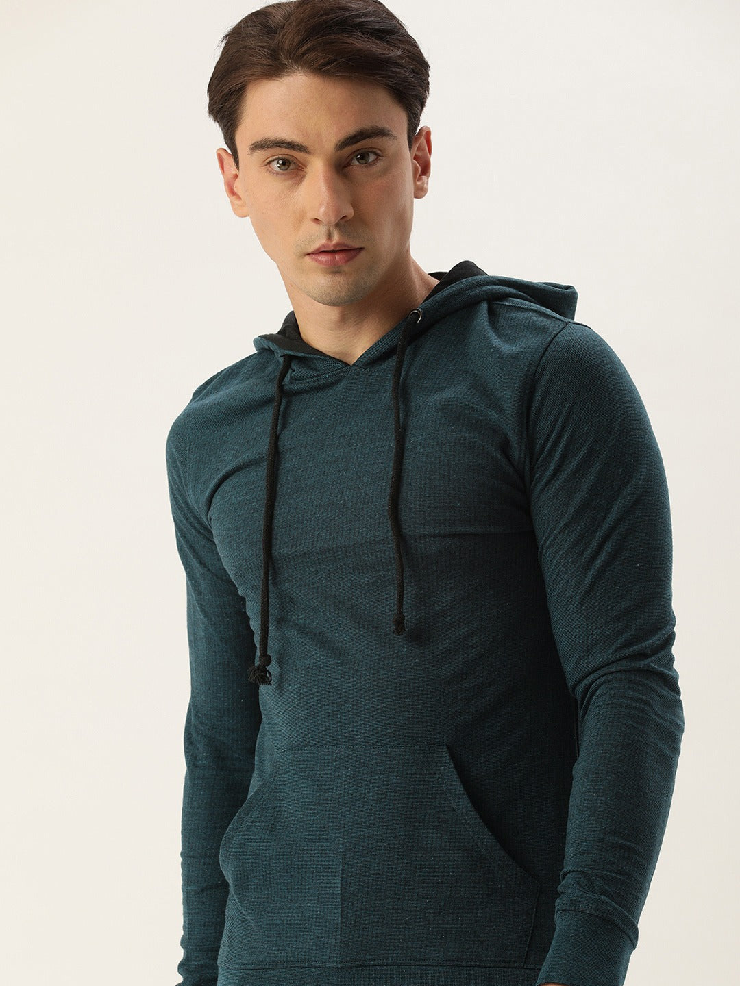 Men Blackteal Solid Hooded Kangaroo Pocket Sweatshirt