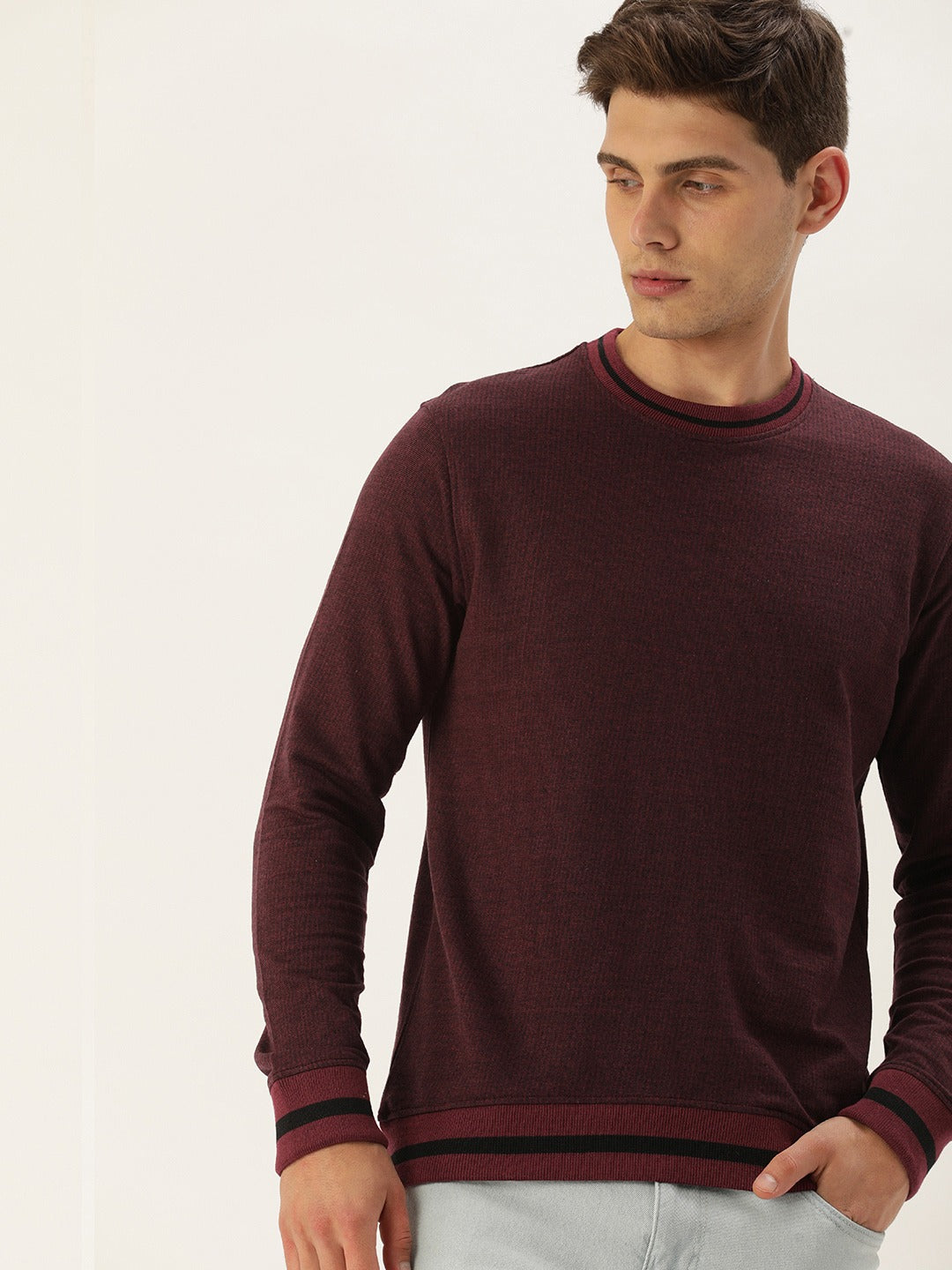 Men Blackwine Solid Tipping Rib Sweatshirt