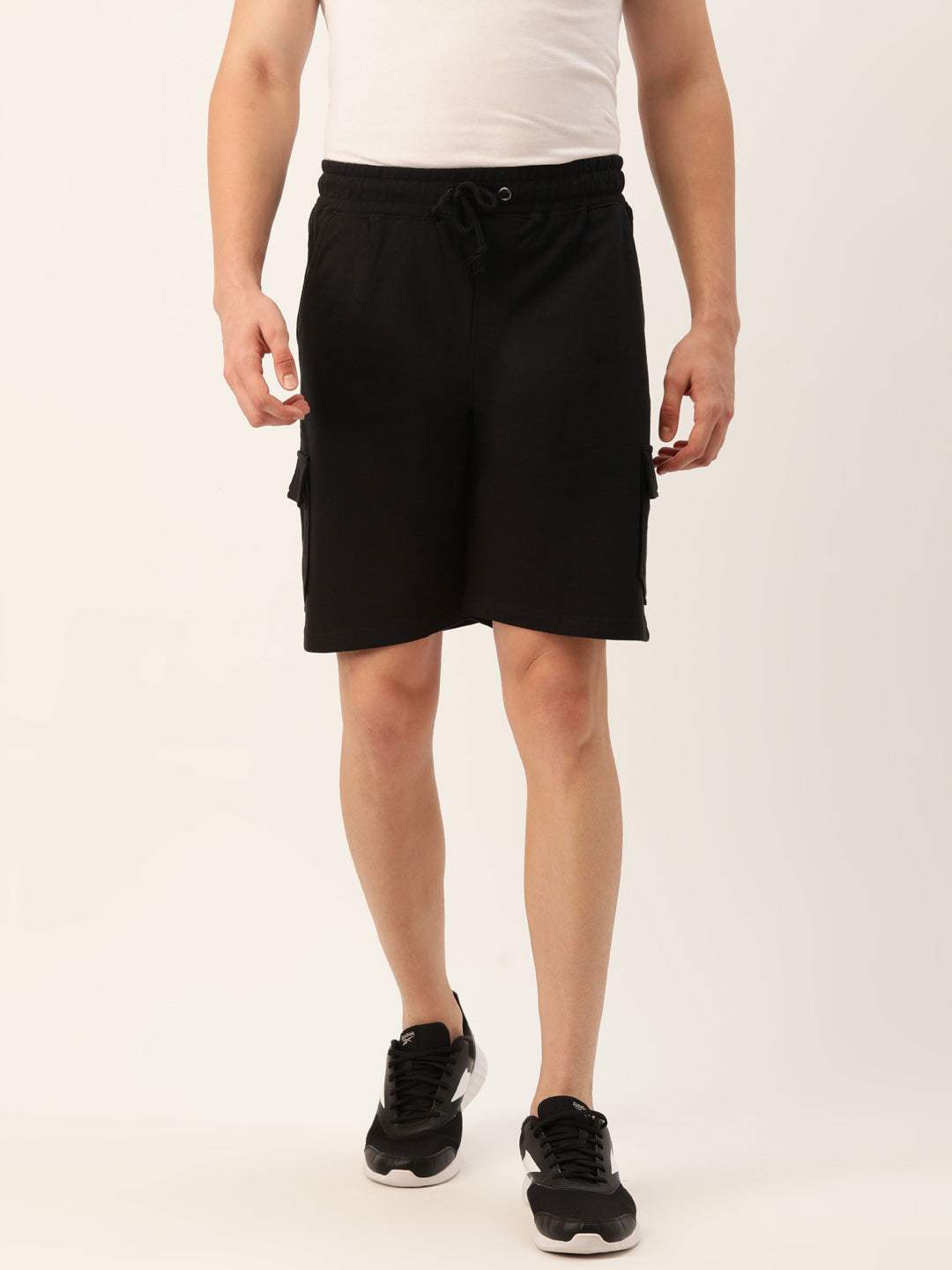 Men Black Casual Terry Cargo Shorts