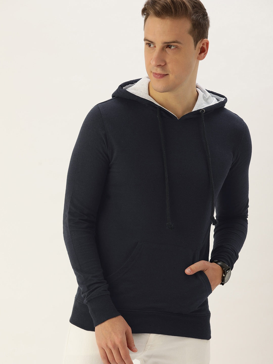 Men Blacknavy Solid Hooded Kangaroo Pocket Sweatshirt