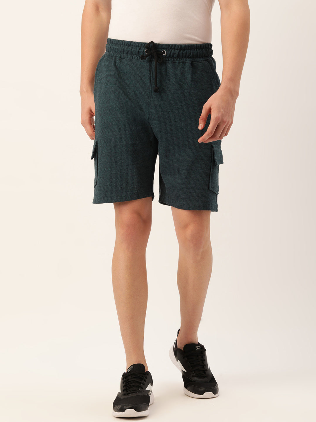 Men Blackteal Casual Terry Cargo Shorts