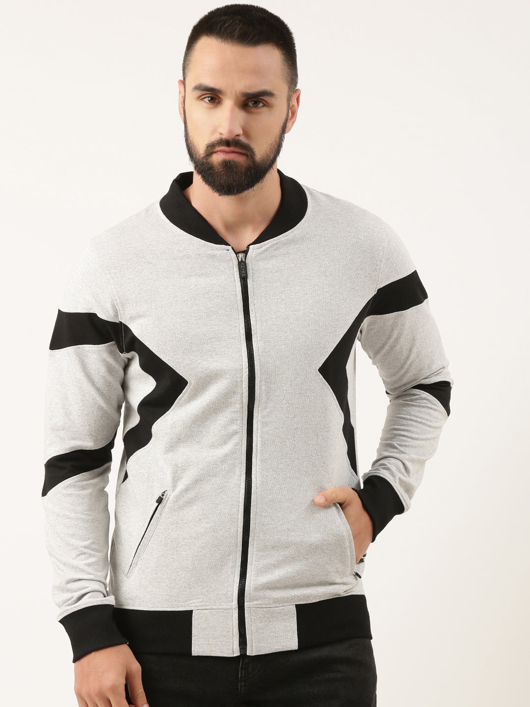 Men White Cut & Sew Zipper Sweatshirt