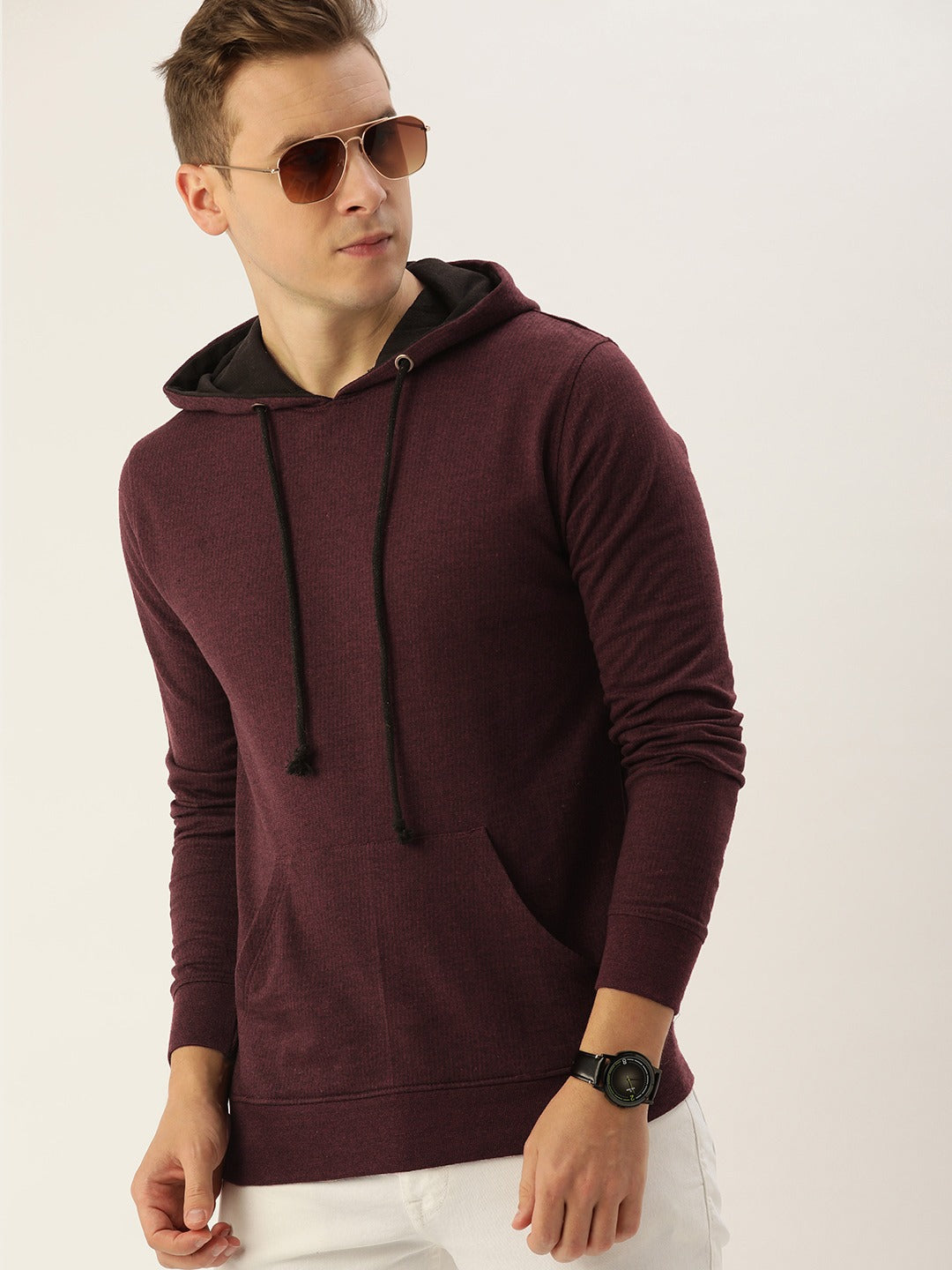 Men Blackwine Solid Hooded Kangaroo Pocket Sweatshirt