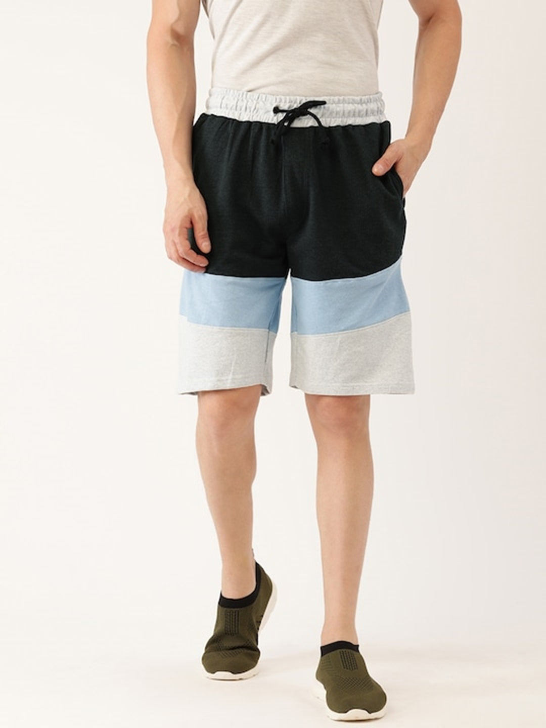 Men Oliveblack Casual Terry Cut & Sew Shorts