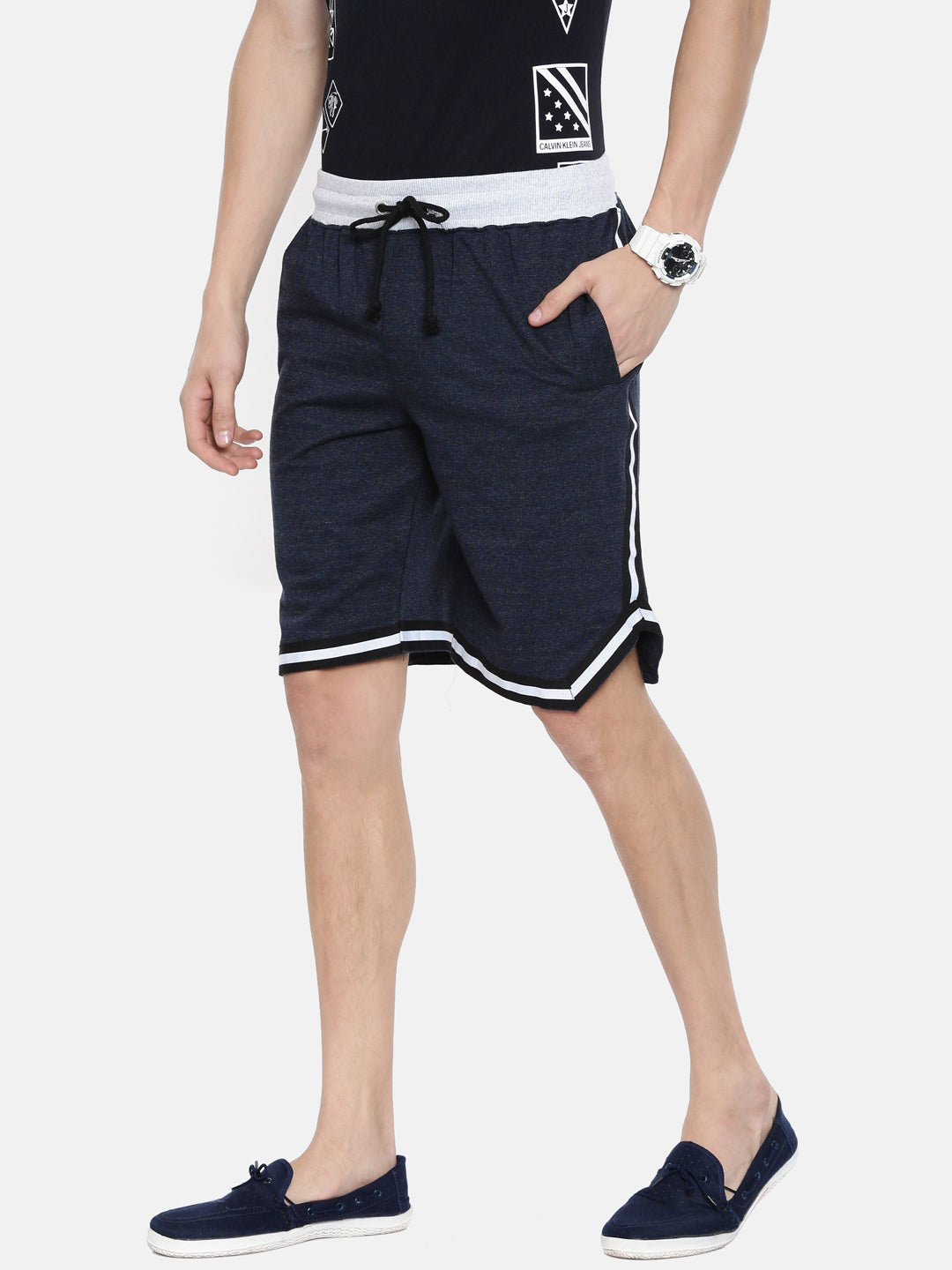 Men Blacknavy Casual Terry Ribbon Shorts