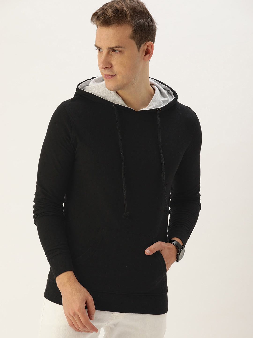 Men Black Solid Hooded Kangaroo Pocket Sweatshirt