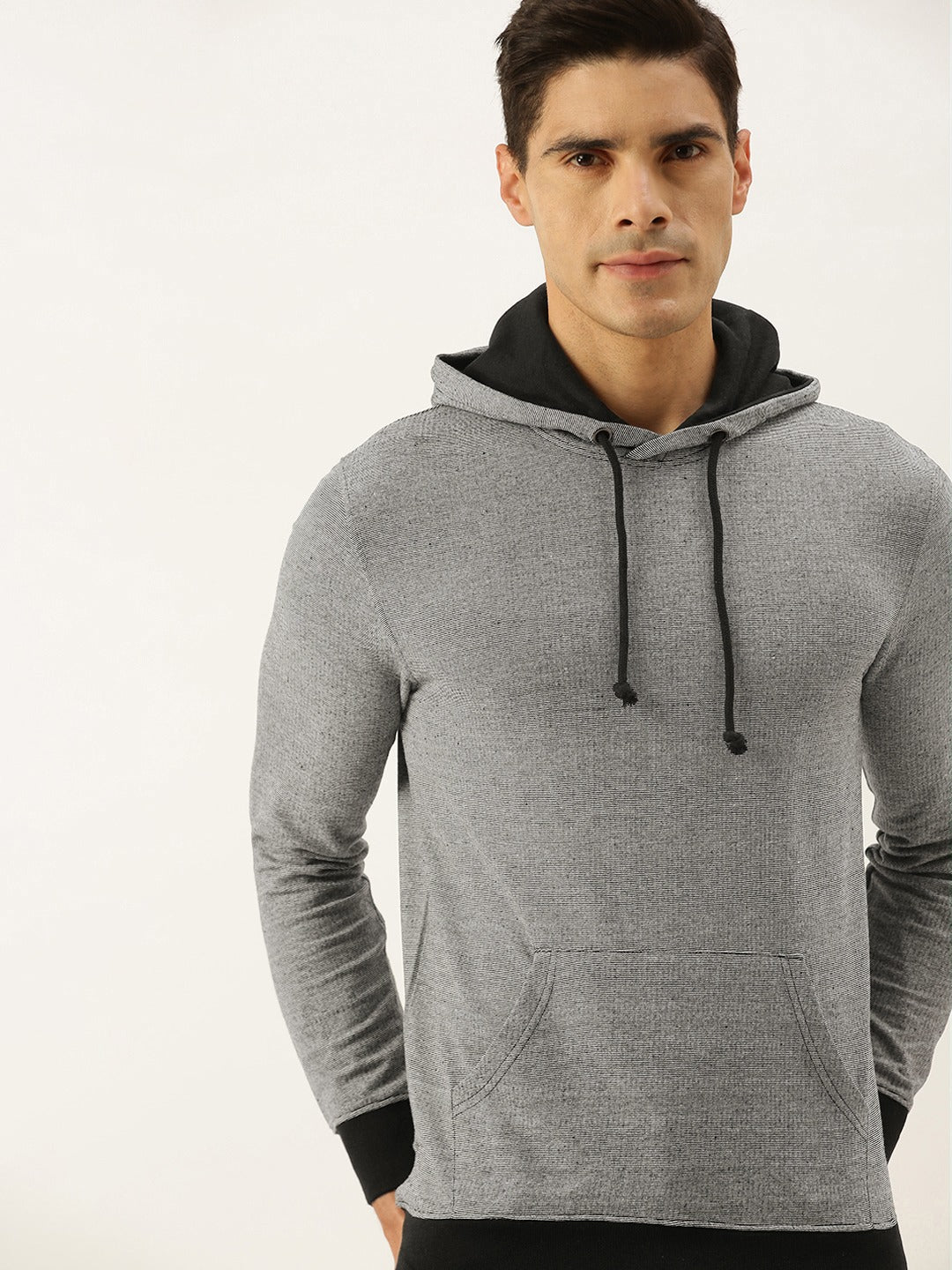 Men Whiteblack Solid Hooded Kangaroo Pocket Sweatshirt