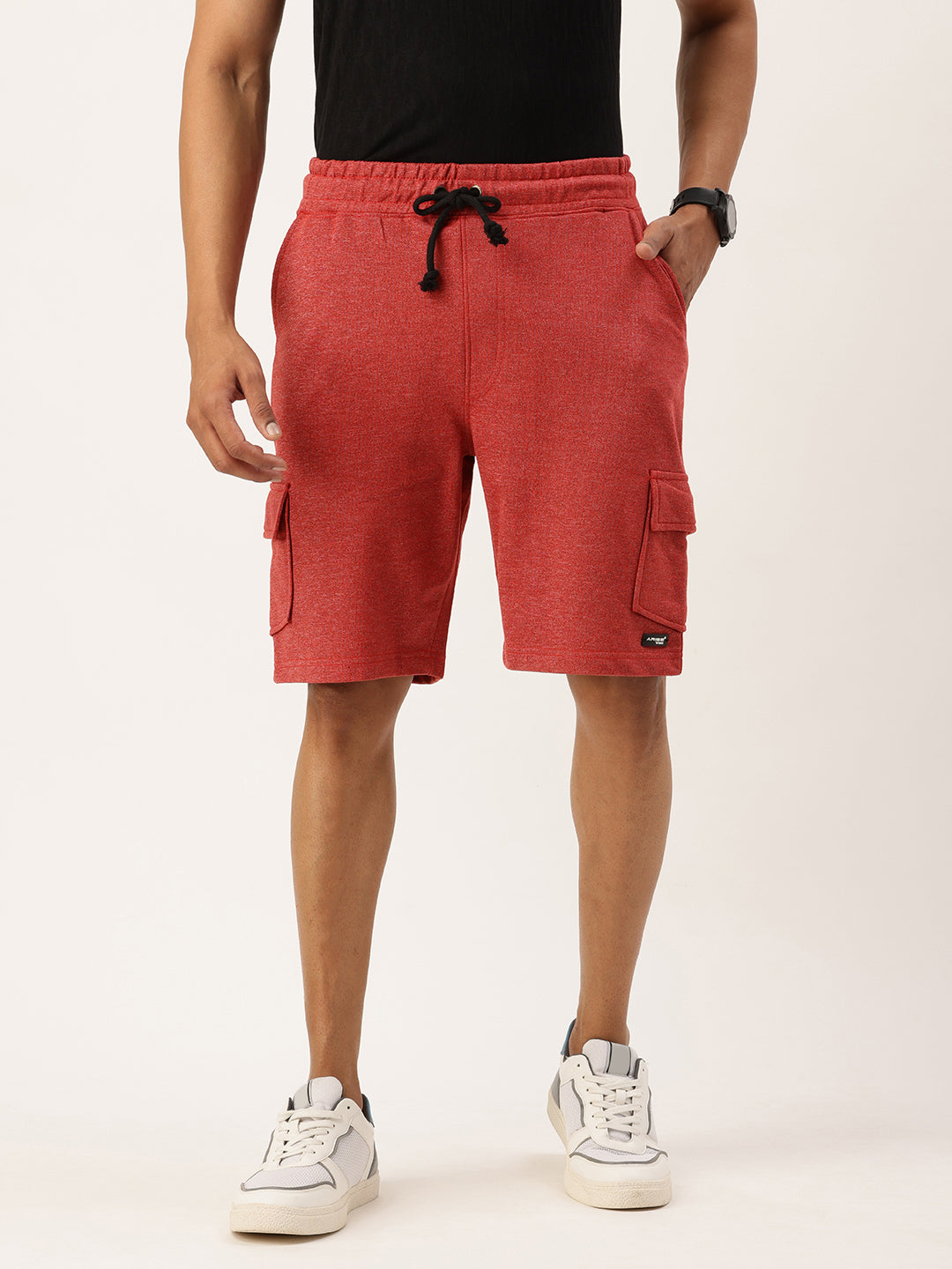 Men Red Casual Terry Cargo Shorts