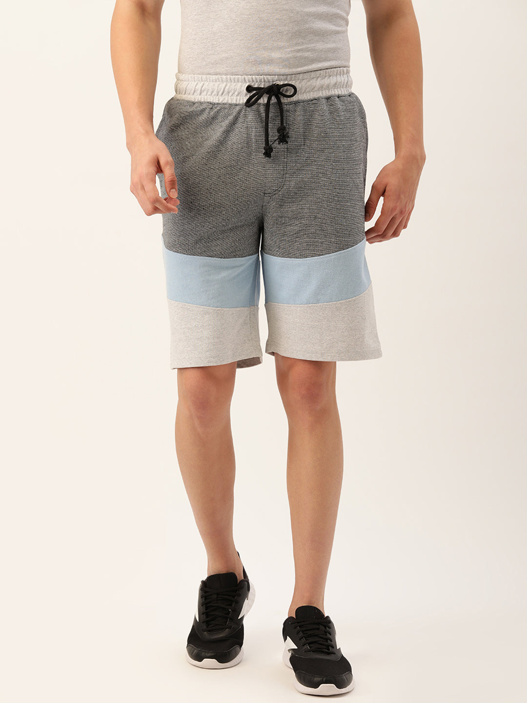 Men Whiteblack Casual Terry Cut & Sew Shorts