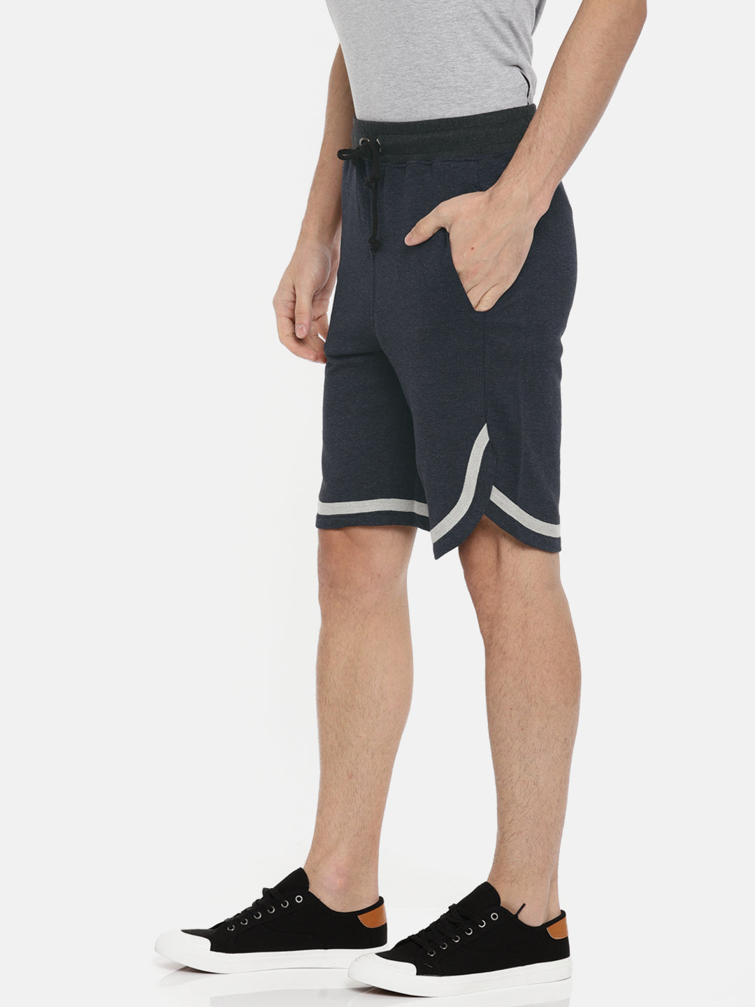 Men BlackNavy Casual Terry Curved Hem Shorts