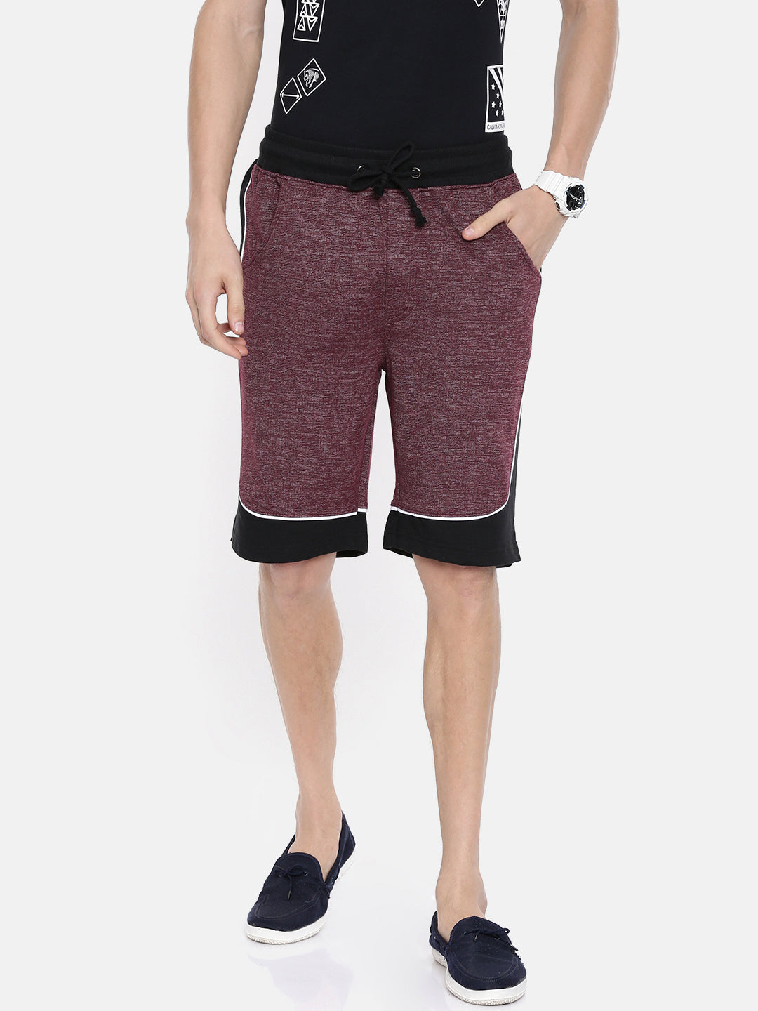 Men Wine Casual Terry Curved Side Shorts