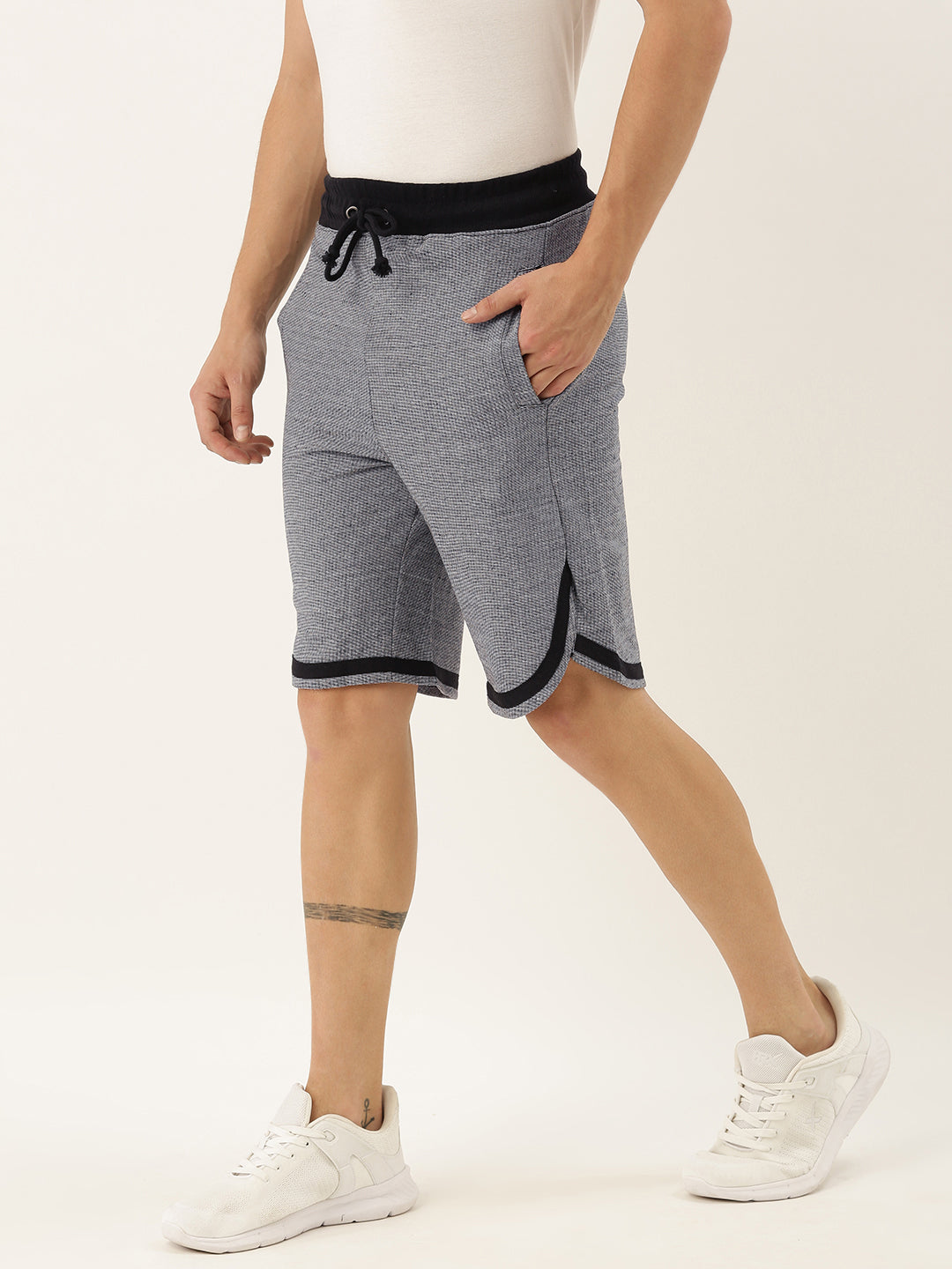 Men WhiteBlack Casual Terry Curved Hem Shorts