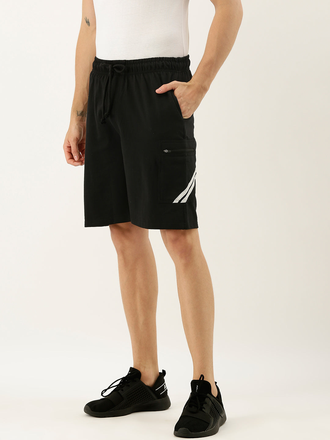 Men Black Casual Terry Cargo Shorts