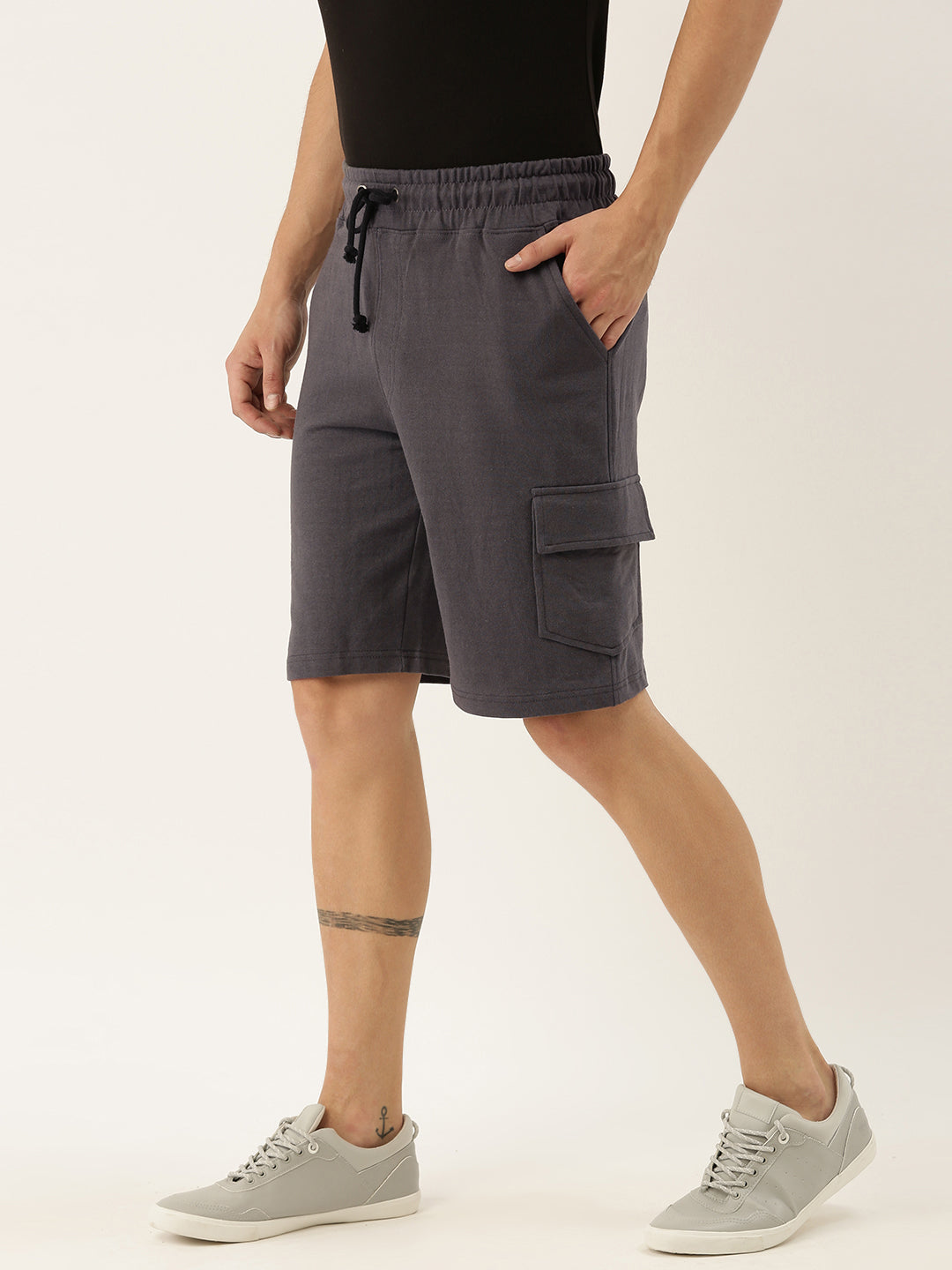 Men Grey Casual Terry Cargo Shorts