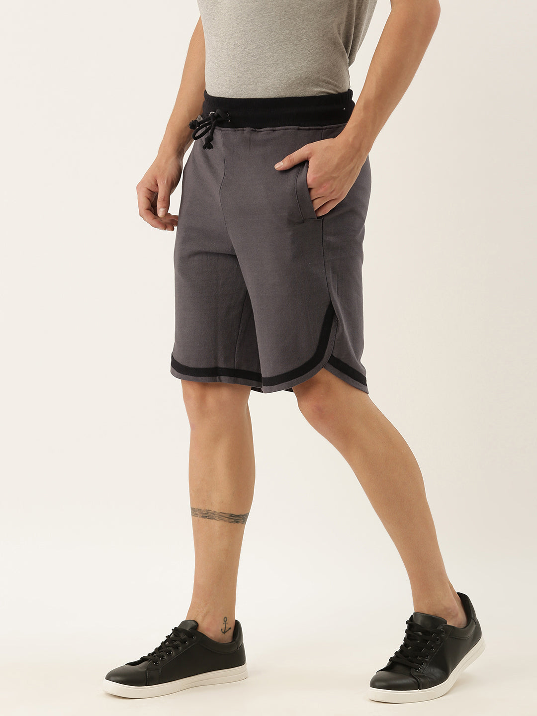 Men Grey Casual Terry Curved Hem Shorts