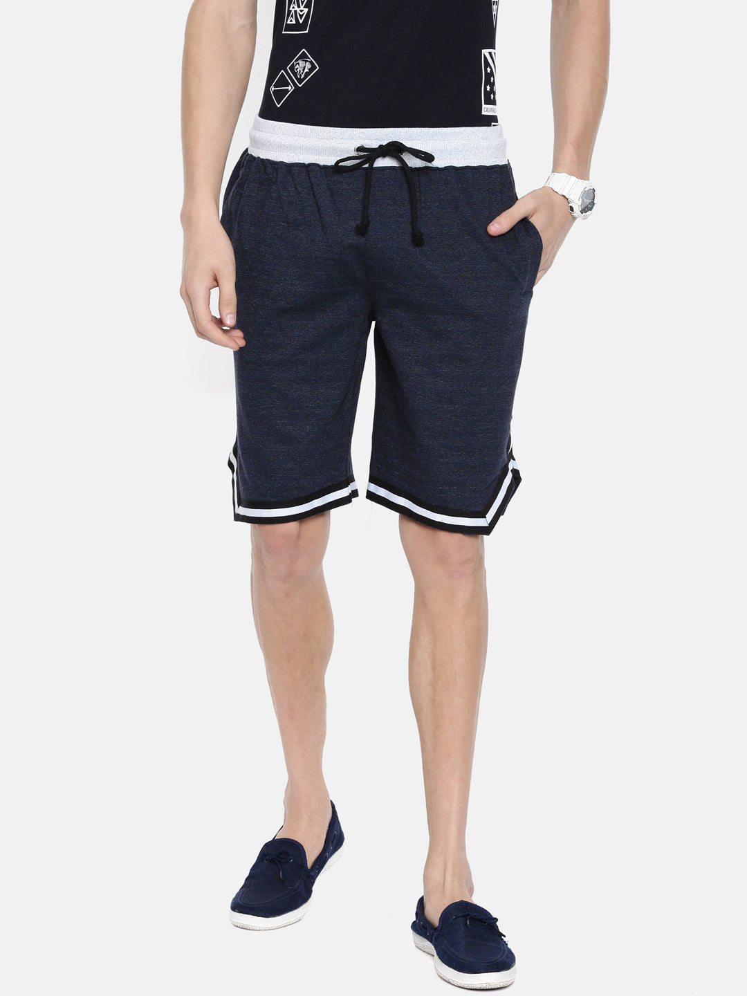 Men Blacknavy Casual Terry Ribbon Shorts