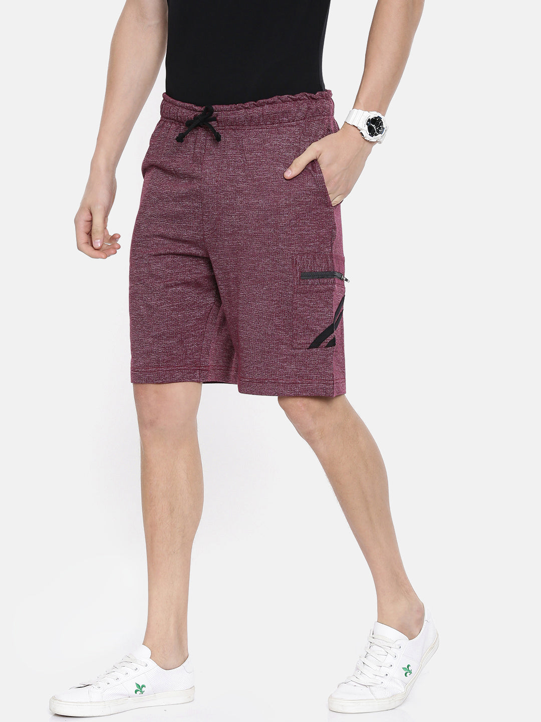 Men Wine Casual Terry Cargo Shorts