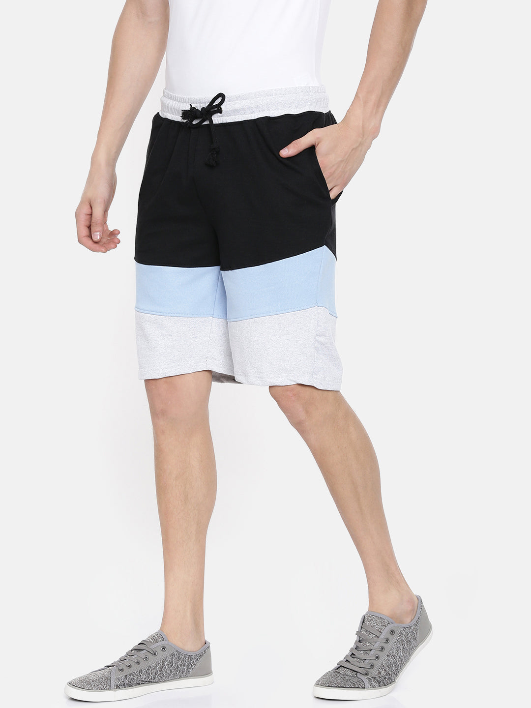 Men Black Casual Terry Cut & Sew Shorts